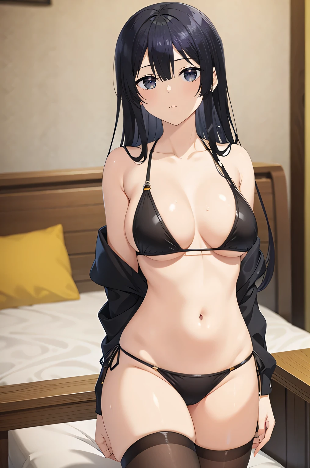 black hair, ((black eyes)),(black bikini)