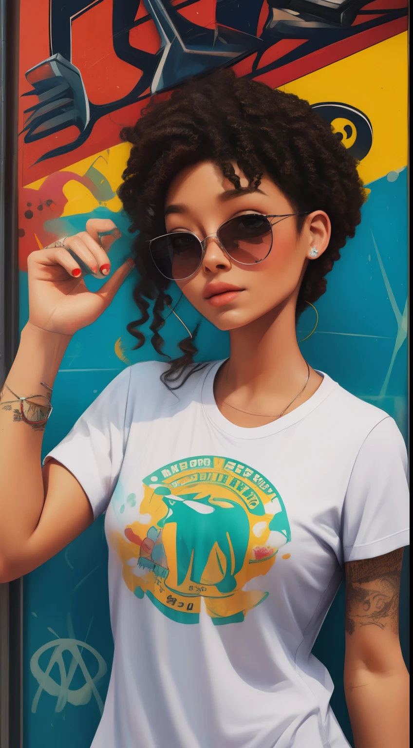 1beautiful nerd girl, big breasts, white t-shirt, tattoos, abstract background graffitti