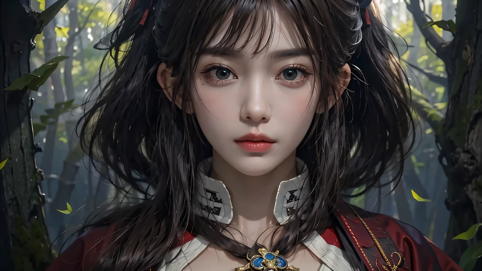 4K, ((very delicate))realistic, high resolution, woman in pine forest, alone, dark night, a ray of moonlight, dark brown hair, long hair, tear, woe, look at the viewer, (detailed face), super super big, 1 long, thin Joseon sword, big bust, thick thighs, Bikini style fusion hanbok, Joseon Dynasty warrior, looking straight ahead,