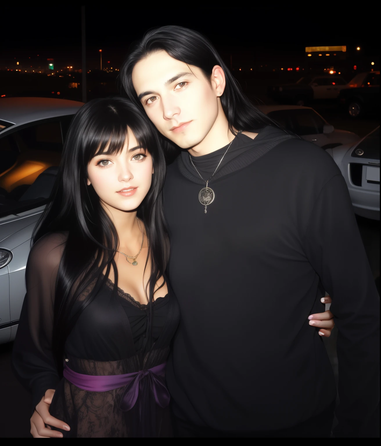 there is a man and woman posing for a picture in front of a car, luis royo and alex ebel, taken in the mid 2000s, with her long, with his long black hair, taken in the late 2000s, with long black hair, luis royo and greg rutkowski