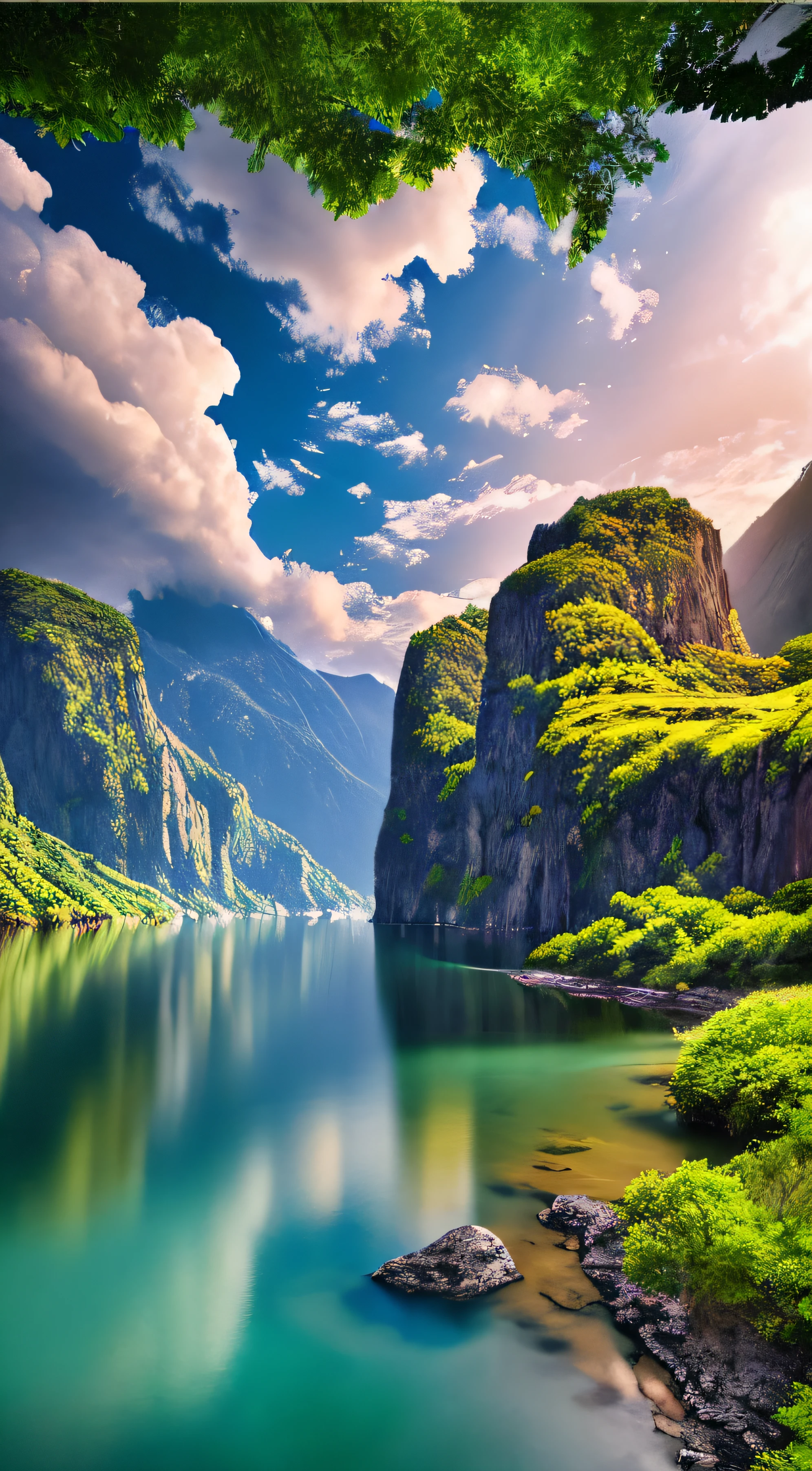 obra de arte, qualidade final, Papel de parede da unidade CG 8k, Super delicado, beautiful sky and clouds, Rica paisagem natural, Cliffs, Lagos e rios, Waterfalls and Flying Water, belas montanhas verdes, no trace of people, Excellent scenery, already won a photography contest, desfoque de fundo, profundidade total de campo, High dynamic HDR, true restoration, Intricado, detalhes extremos, Dramatic presentation, Apresentando perfeitamente o estilo da arte midjourney.