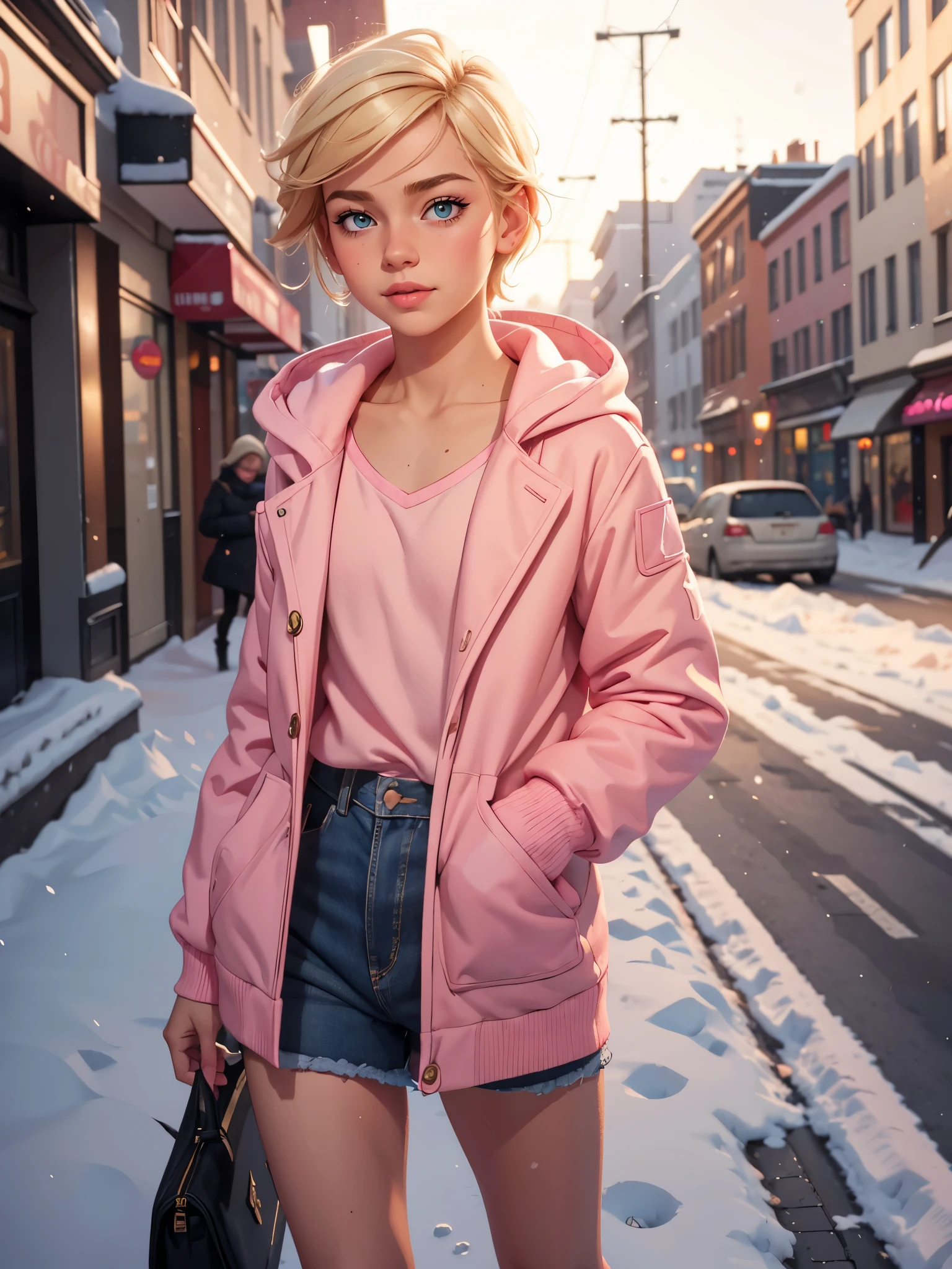(best quality,highres),cute boy,girly blonde hair,girly makeup,dressed in a revealing pink winter outfit,strolling down the street,snow falling gently,city landscape in the background,winter wonderland,soft and dreamy lighting,vivid colors,bokeh