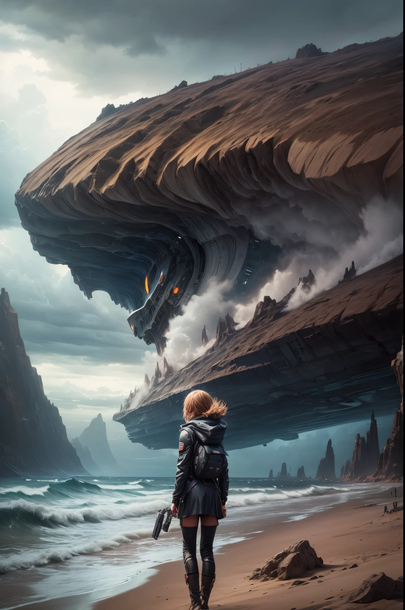 "((Adventurous))(( girl)), exploring alien landscapes, dramatic cloudscape, vast horizon, cinematic framing, rule of thirds, dynamic composition, stormy weather, powerful presence of the eye in the sky"