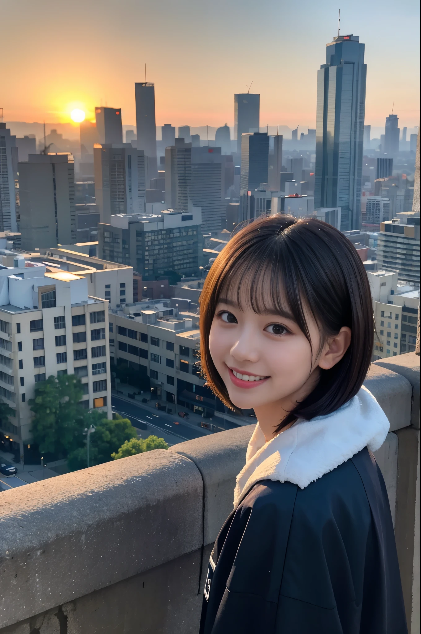 (8K, RAW photo, highest quality, masterpiece:1.3), (realistic, photo-realistic:1.4), (Highly detailed 8K wallpaper), sharp focus, Depth of written boundary,
japanese idol,very cute,(baby face), (coat:1.3),(bob cut : 1.3), Look at us and smile, Upper body, highly detailed face and eyes,((shiny skin:1.2)), cinematic lighting, soft light, blur background,( An early morning cityscape with skyscrapers bathed in the golden light of sunrise, empty streets gently waking up to a new day, and the sky transitioning from soft pinks to clear blu)