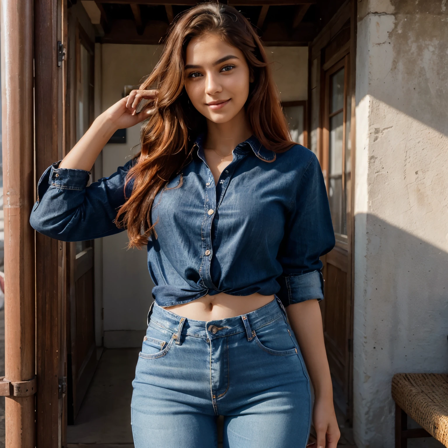 Indian fair skin woman 23 year old with nice face and (Actractive eyes), The sunlight waves of her golden hair frame her captivating ocean-blue eyes, while bold, the UHD resolution captures the vibrant details of this 4K retro masterpiece, (long hairstyle), (smiling face), (red hair), dressed in a casual shirts and jeans pants. Her light black hair is styled in loose waves, framing her face perfectly. (1 girl), HDR, realistic, photorealistic, detailed, protrait, smiling, makeup, ((shirt)), ((jeans pants))
