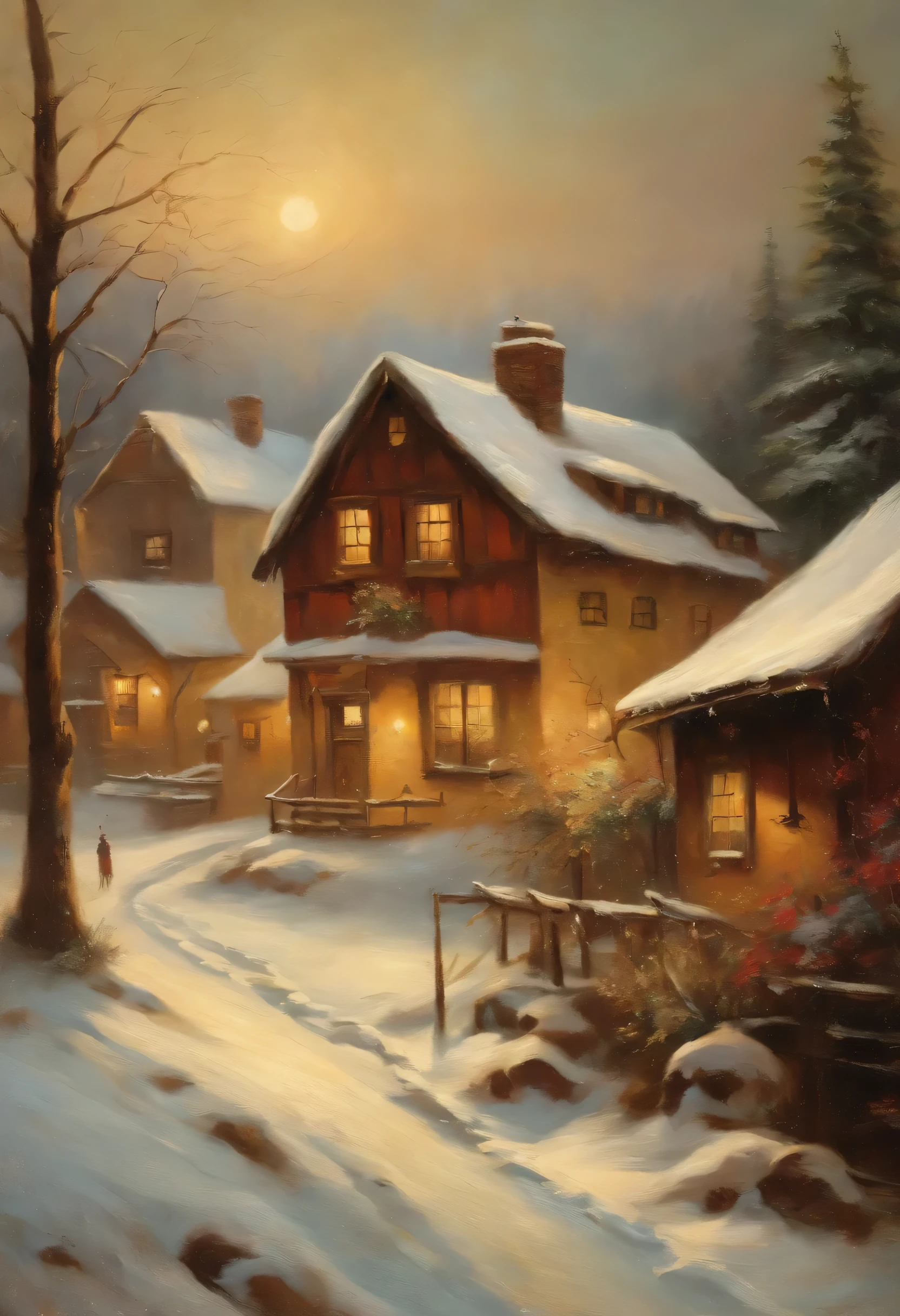 rustic antique painting of snowed houses
