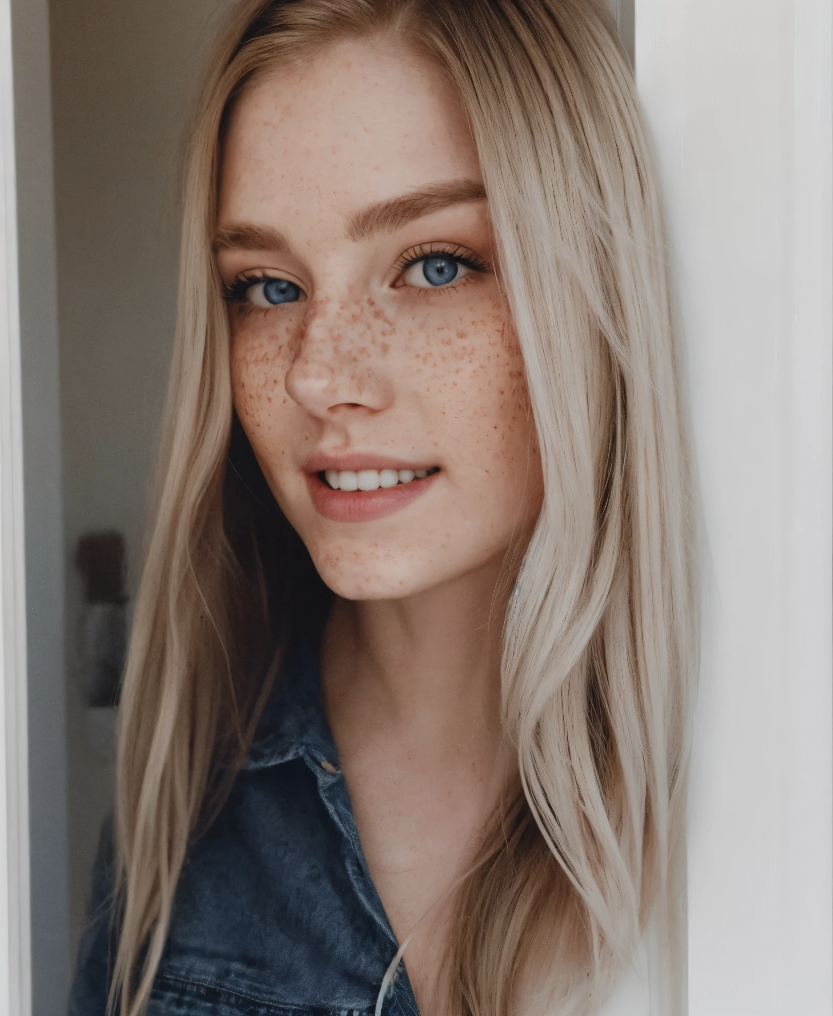 a woman's face, American, 25 ans, pale skin and freckles, yeux gris, delicate nose, Soft and delicate lips, Blondie Gris Queue de Cheval Cheveux, doux sourire,