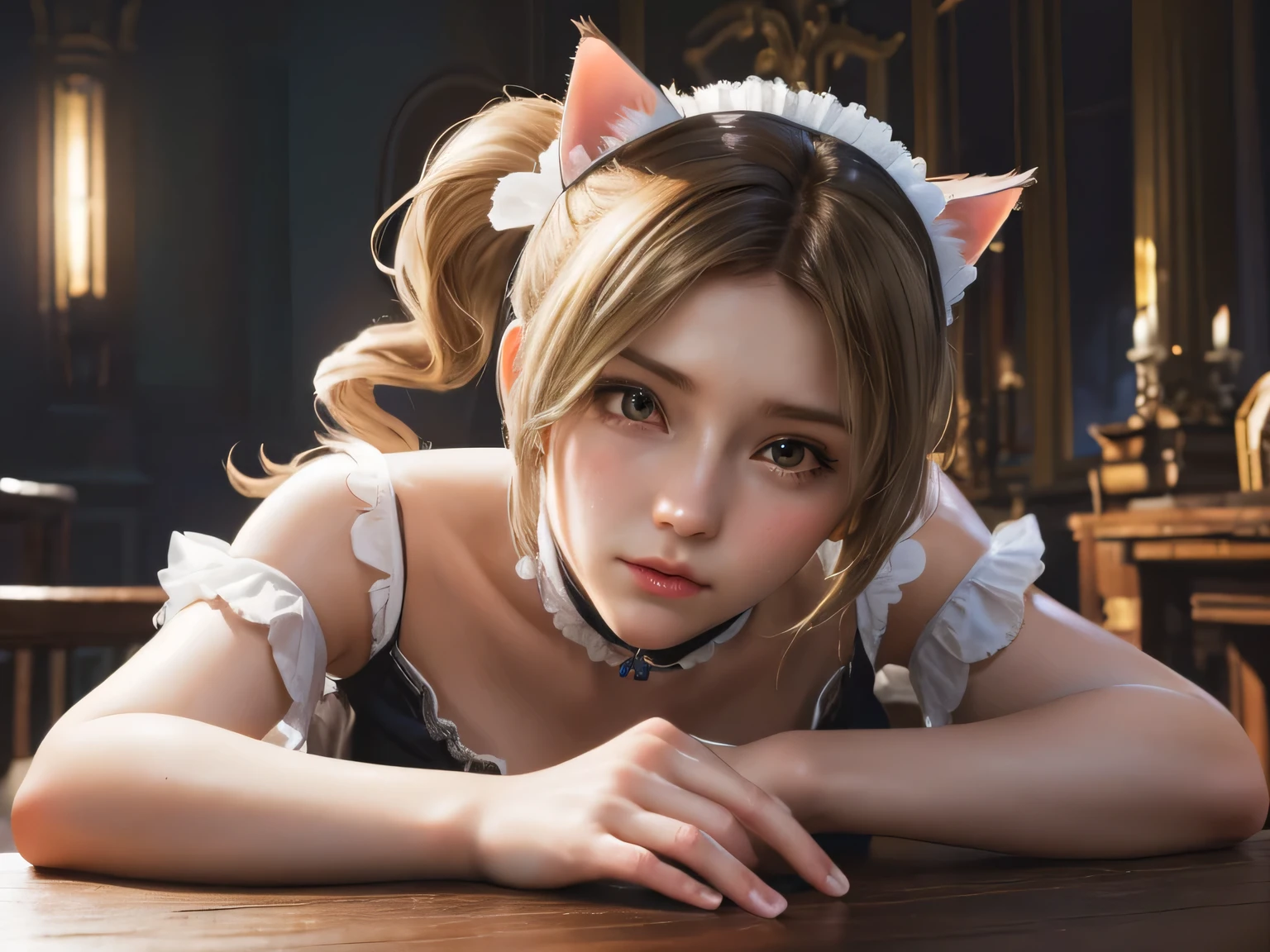 (masterpiece, top quality, Best quality,Official art, beautiful and aesthetically pleasing:1.2),(1 girl:1.3), 1 girl, in a maid's costume, cat&#39;ears, fantasy art, blonde curly hair, ponytails, wipes dust from the table