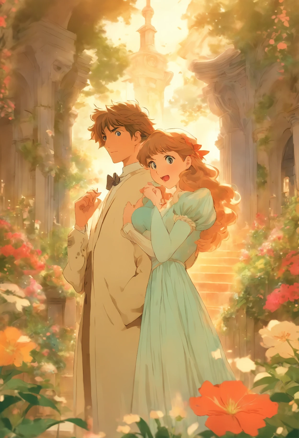 Masterpiece, Line art for one male and one female characters together, Florence Pew's shocked expression, Detailed Country Garden background, art deco design, Double exposure style, no shade, Used to color pages, White space, no shade, intense story plots, ghibli film, ghibli style, blonde girl, gown
