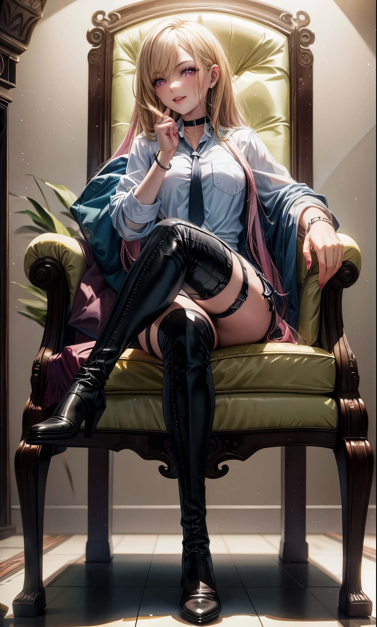 Masterpiece, best quality, highres, ray tracing, soft lighting, (detailed eyes:1.3), pink eyes, light smile, cute face, medium breasts, dominatrix clothing, thigh high leather boots, 