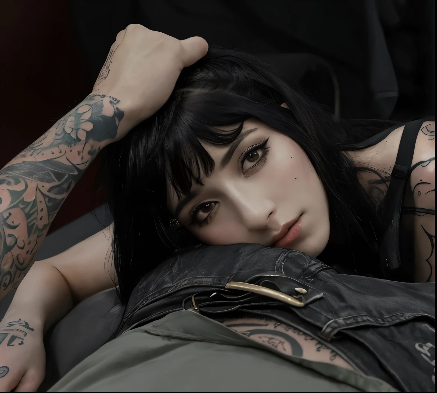 arafed woman with tattoos laying on a man's back, charli bowater and artgeem, she has black hair with bangs, alessio albi, with tattoos, tattooed, photo from a promo shoot, inspired by Elsa Bleda, inspired by Nan Goldin, by Galen Dara, jean deville, promo still, with a tentacle tattoo