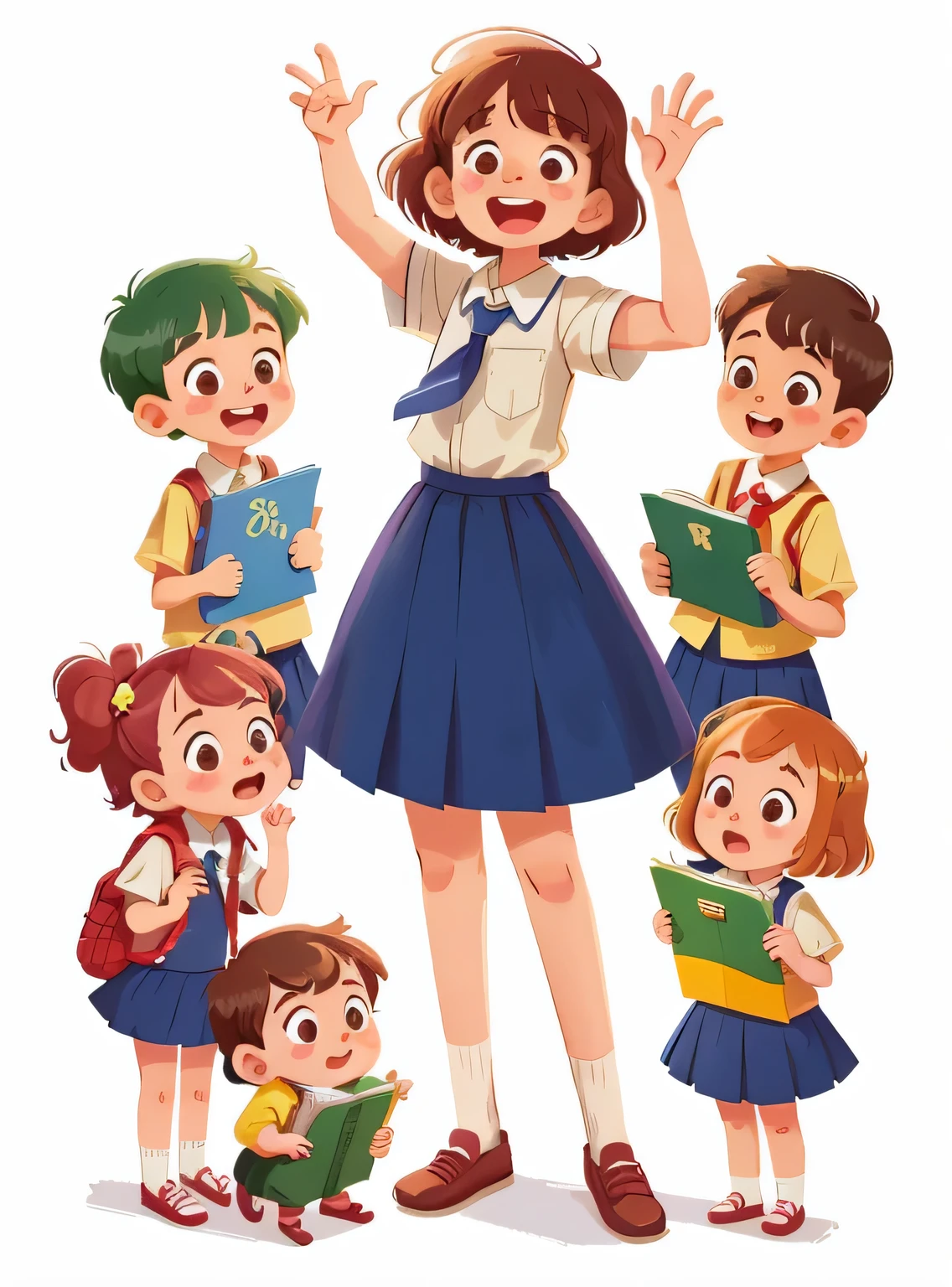 illustration, obra de arte, melhor qualidade, Teacher with several students (meninas e meninos) standing, They wave at us, em uniforme escolar, do oposto, feliz, corpo todo, no estilo do personagem de livro infantil, ficha de personagem, fundo branco, adjetivo + objeto, ficha de personagem, personagem do livro , fundo branco, fundo azul, olhando para o espectador, cabelo curto,