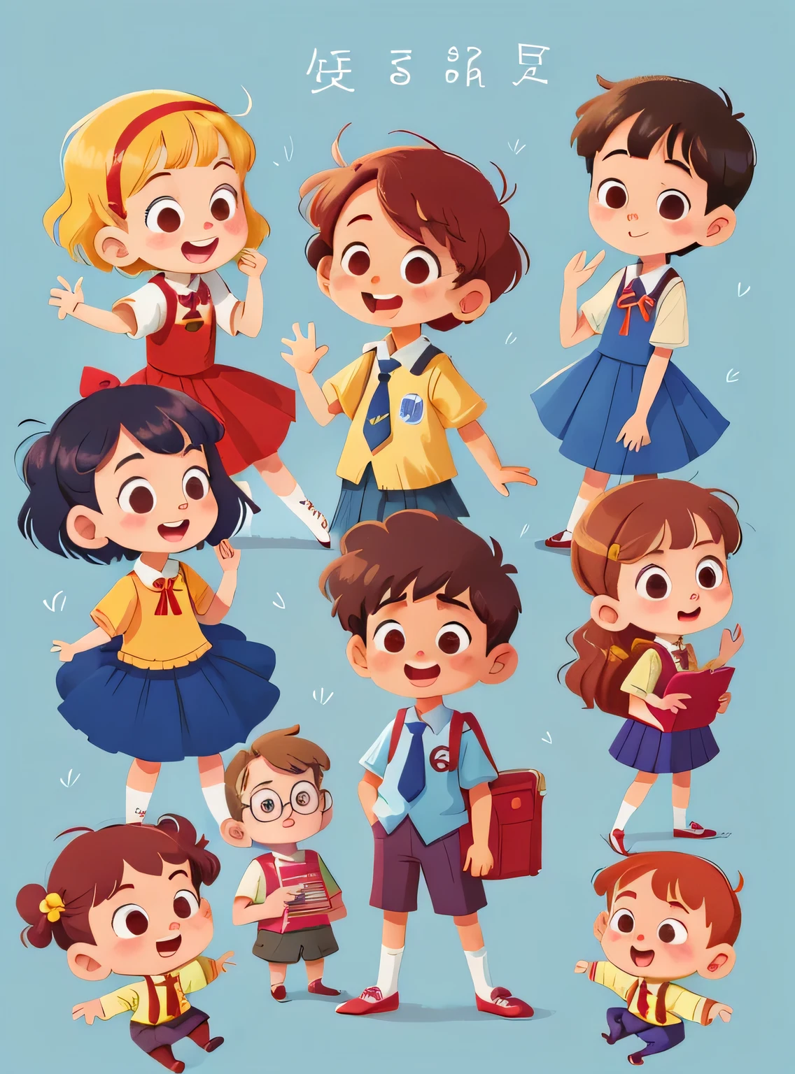 illustration, obra de arte, melhor qualidade, Teacher with several students (s e meninonding, They wave at us, em uniforme escolar, do oposto, feliz, corpo todo, no estilo do personagem de livro infantil, ficha de personagem, fundo azul, adjetivo + objeto, ficha de personagem, personagem do livro , fundo azul, fundo azul, olhando para o espectador, cabelo curto,