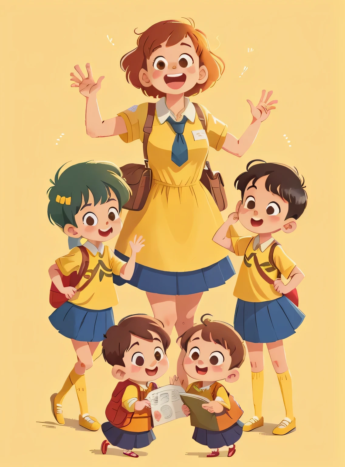 illustration, obra de arte, melhor qualidade, Teacher with several students (meninas e meninos) standing, They wave at us, em uniforme escolar, do oposto, feliz, corpo todo, no estilo do personagem de livro infantil, ficha de personagem, Fundo AMARELO, adjetivo + objeto, ficha de personagem, personagem do livro , Fundo AMARELO, Fundo AMARELO, olhando para o espectador, cabelo curto,