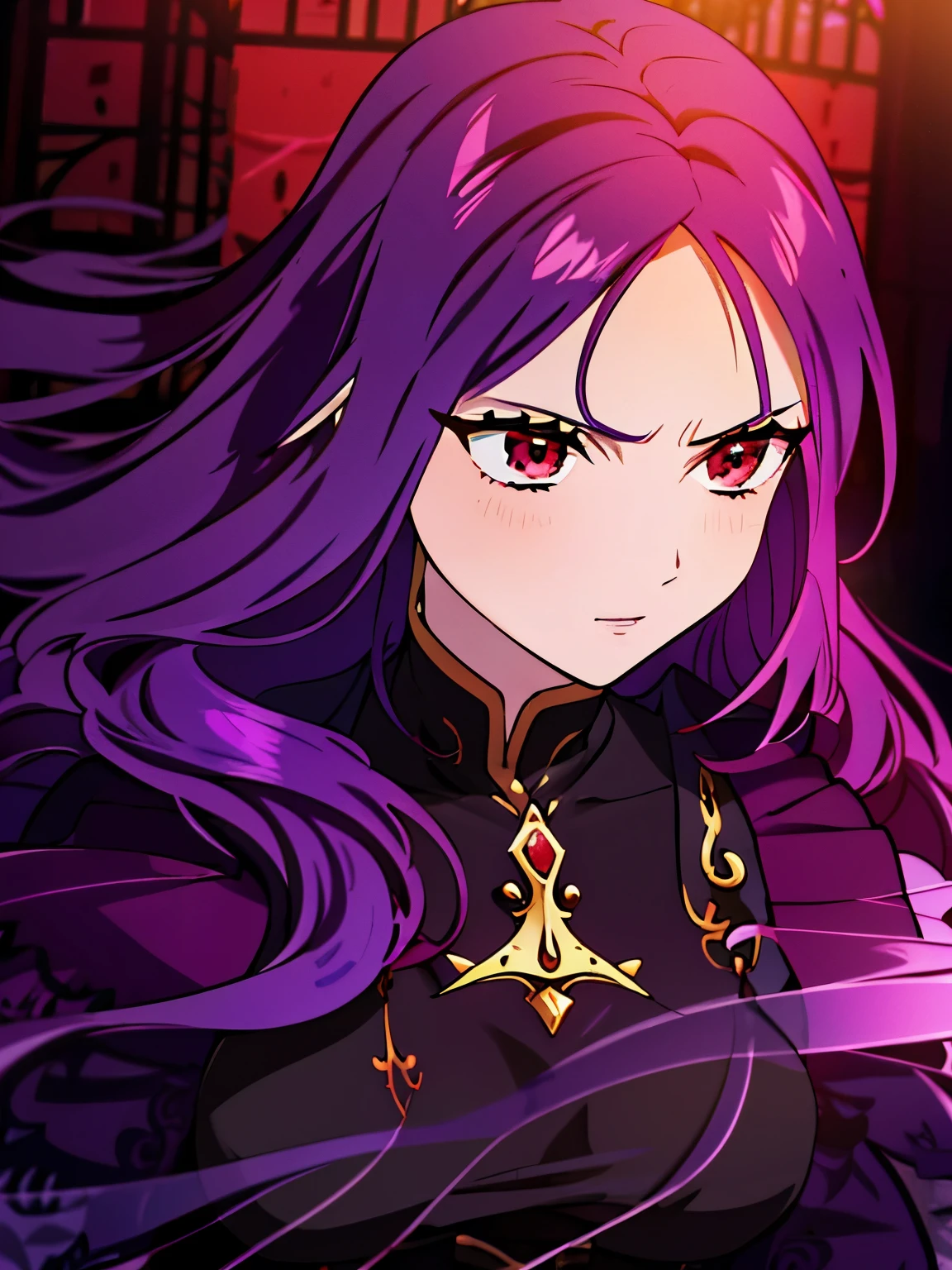 Woman, jellyfish, (feudal middle age:1.1), Slavic appearance, (long straight purple hair gradient pro red), (red eyes), (strong expression look), purple lipstick, fair skin, (black color gothic clothes with red details:1.1), yellow scales on the hands, cinematic lighting, mystical atmosphere, dynamic focus, ultra reality, ultra realistic, ultra quality, real, real texture:1.1, realistic clothes:1.1, 8k insaneres, absurd,