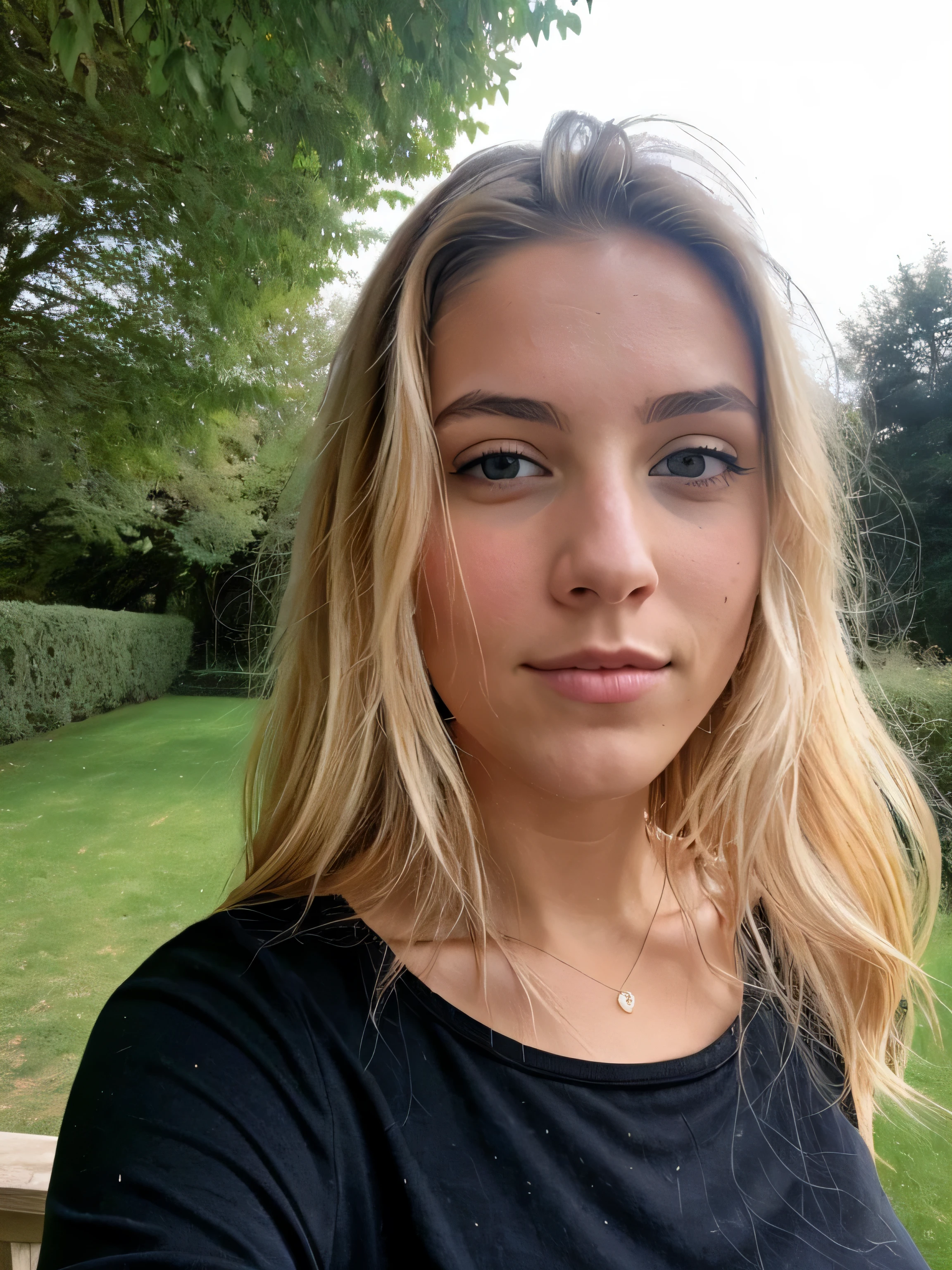 une femme blonde de 23 ans, ((hyperréalisme)), Gros plan sur le visage, très gros zoom sur le visage, Cheveux blonds avec des racines châtain clair., cheveux blond, Cheveux avec des racines brunes, cheveux extra longs, cheveux très longs, cheveux très longs, beau, vue de face, selfie, prix photo avec iPhone, contre plongée, vue de dessus, ciel et nuages en arrière plan