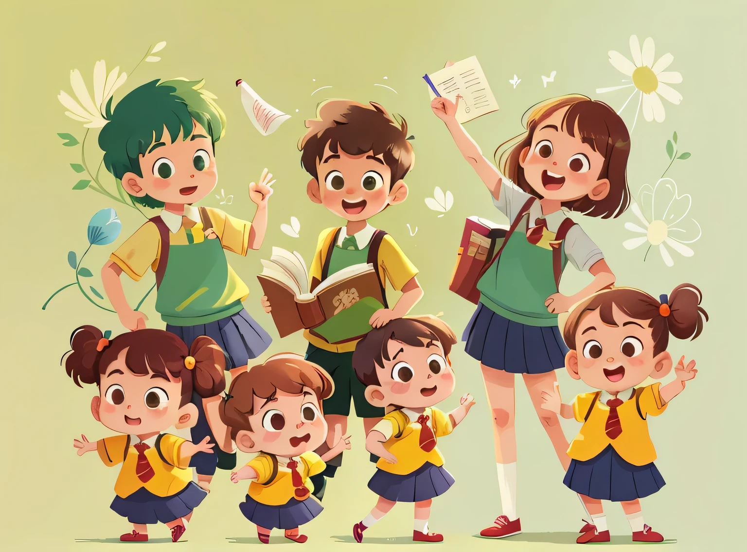 illustration, obra de arte, melhor qualidade, Teacher with several students (meninas e meninos) standing, They wave at us, em uniforme escolar, do oposto, feliz, corpo todo, no estilo do personagem de livro infantil, ficha de personagem, fundo verde, adjetivo + objeto, ficha de personagem, personagem do livro , fundo verde, fundo verde, olhando para o espectador, cabelo curto,