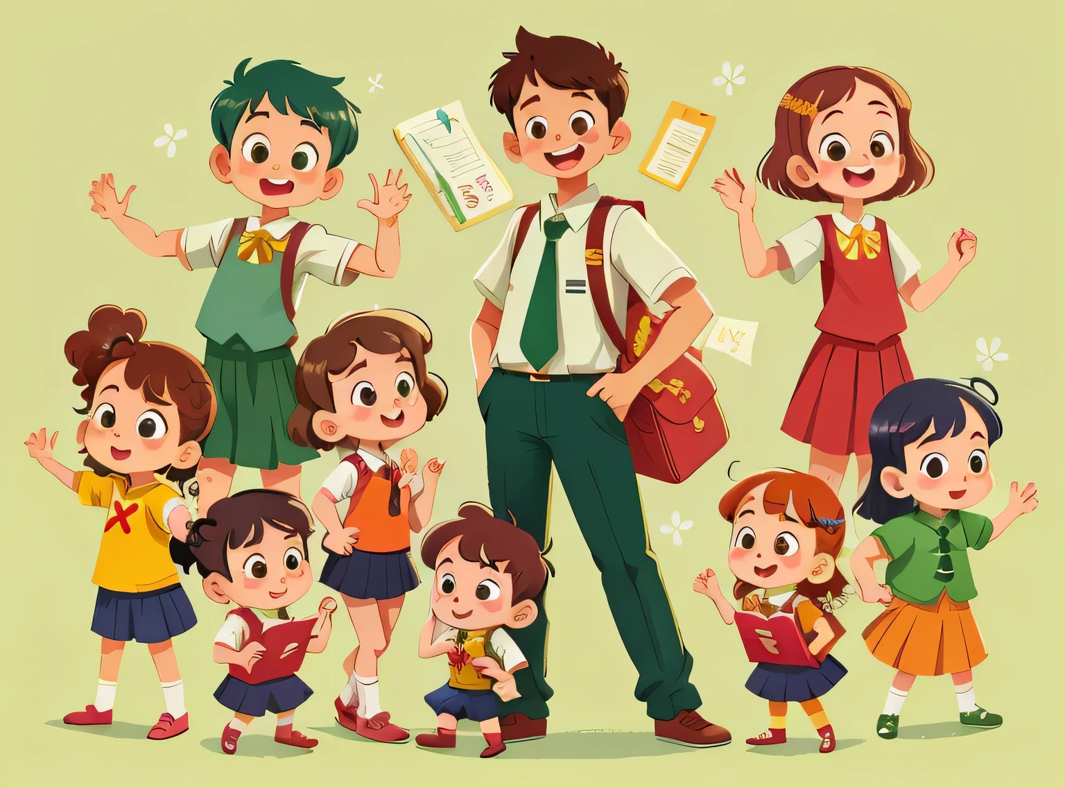 illustration, obra de arte, melhor qualidade, Teacher with several students (meninas e meninos) standing, They wave at us, em uniforme escolar, do oposto, feliz, corpo todo, no estilo do personagem de livro infantil, ficha de personagem, fundo verde, adjetivo + objeto, ficha de personagem, personagem do livro , fundo verde, fundo verde, olhando para o espectador, cabelo curto,