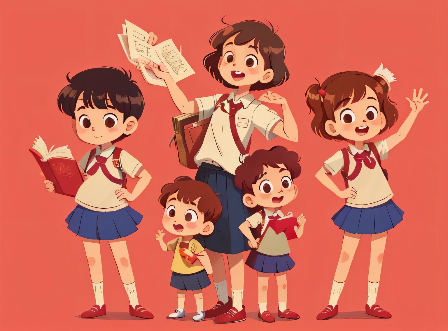 illustration, obra de arte, melhor qualidade, Teacher with several students (meninas e meninos) standing, They wave at us, em uniforme escolar, do oposto, feliz, corpo todo, no estilo do personagem de livro infantil, ficha de personagem, fundo vermelho, adjetivo + objeto, ficha de personagem, personagem do livro , fundo vermelho, fundo vermelho, olhando para o espectador, cabelo curto,