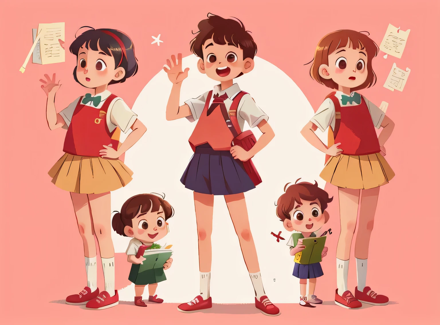 illustration, obra de arte, melhor qualidade, Teacher with several students (meninas e meninos) standing, They wave at us, em uniforme escolar, do oposto, feliz, corpo todo, no estilo do personagem de livro infantil, ficha de personagem, fundo vermelho, adjetivo + objeto, ficha de personagem, personagem do livro , fundo vermelho, fundo vermelho, olhando para o espectador, cabelo curto,