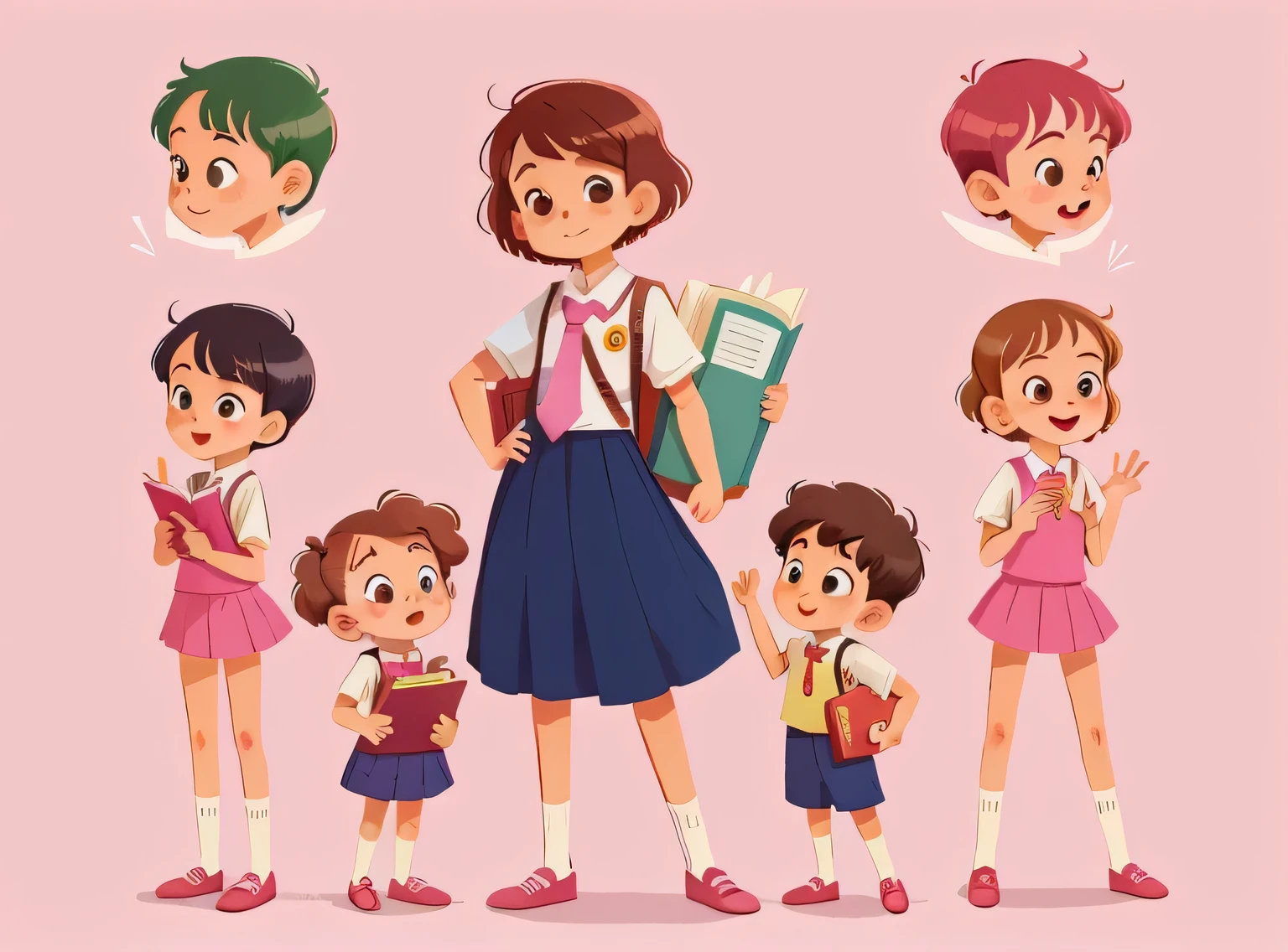 illustration, obra de arte, melhor qualidade, Teacher with several students (meninas e meninos) standing, They wave at us, em uniforme escolar, do oposto, feliz, corpo todo, no estilo do personagem de livro infantil, ficha de personagem, fundo rosa, adjetivo + objeto, ficha de personagem, personagem do livro , fundo rosa, fundo rosa, olhando para o espectador, cabelo curto,