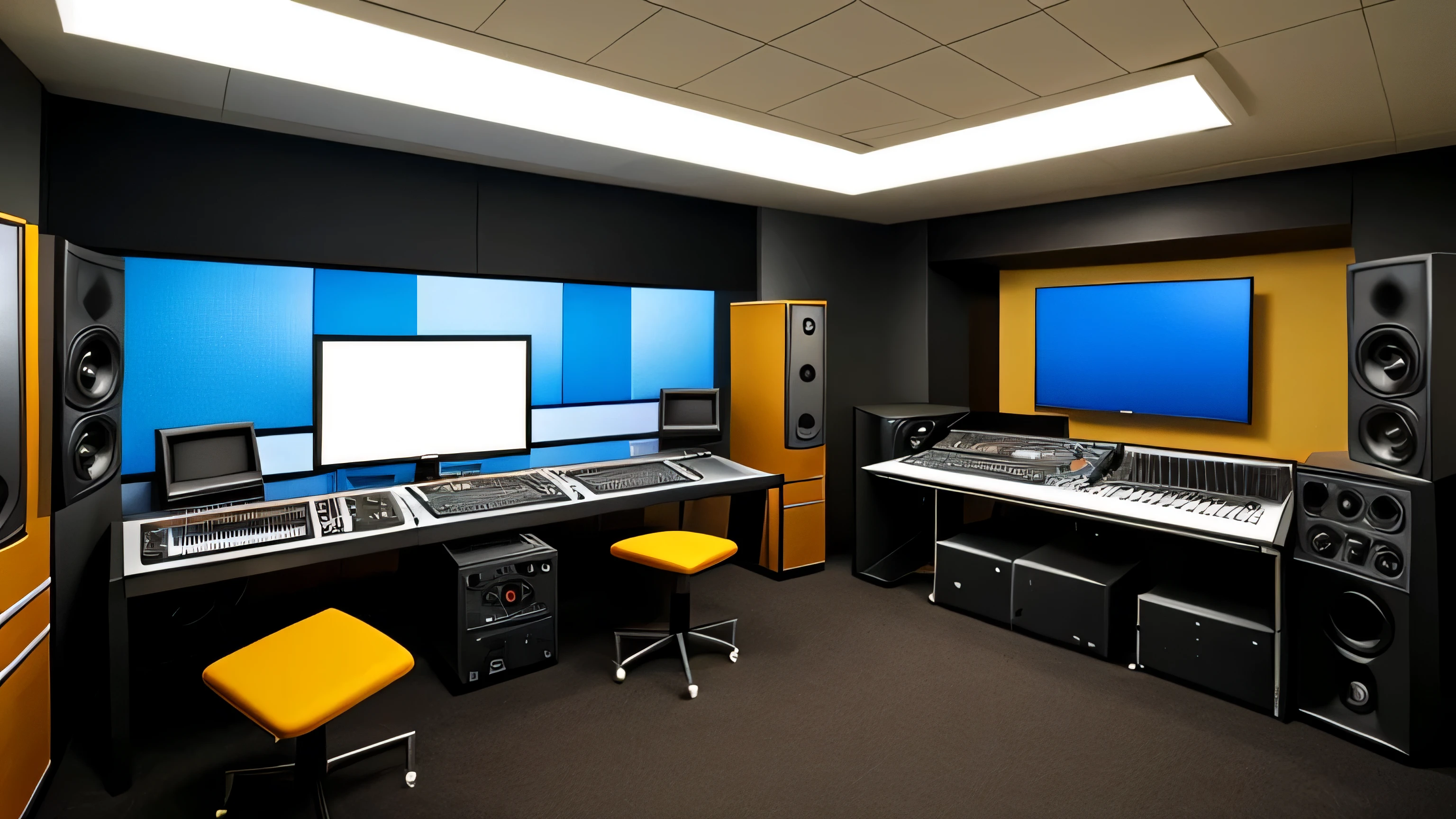 professional audio studio room, all equipment speakers and furniture are placed symmetrically, many racks of audio equipment with nobs sliders VU meters, just one computer screen, just one chair in front of the computer screen, 8k, hyper realistic, highly detailed, kodak gold 400