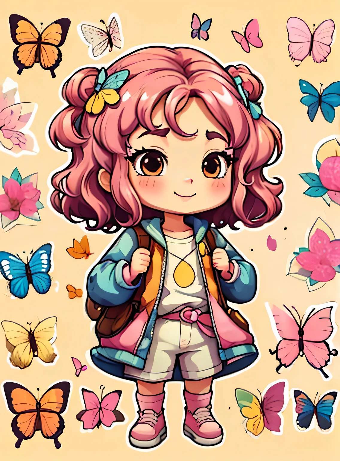 uma  de cinco anos、Um sorriso、short and non-binary person, cabelo rosa ondulado e olhos castanhos、fundo com borboletas