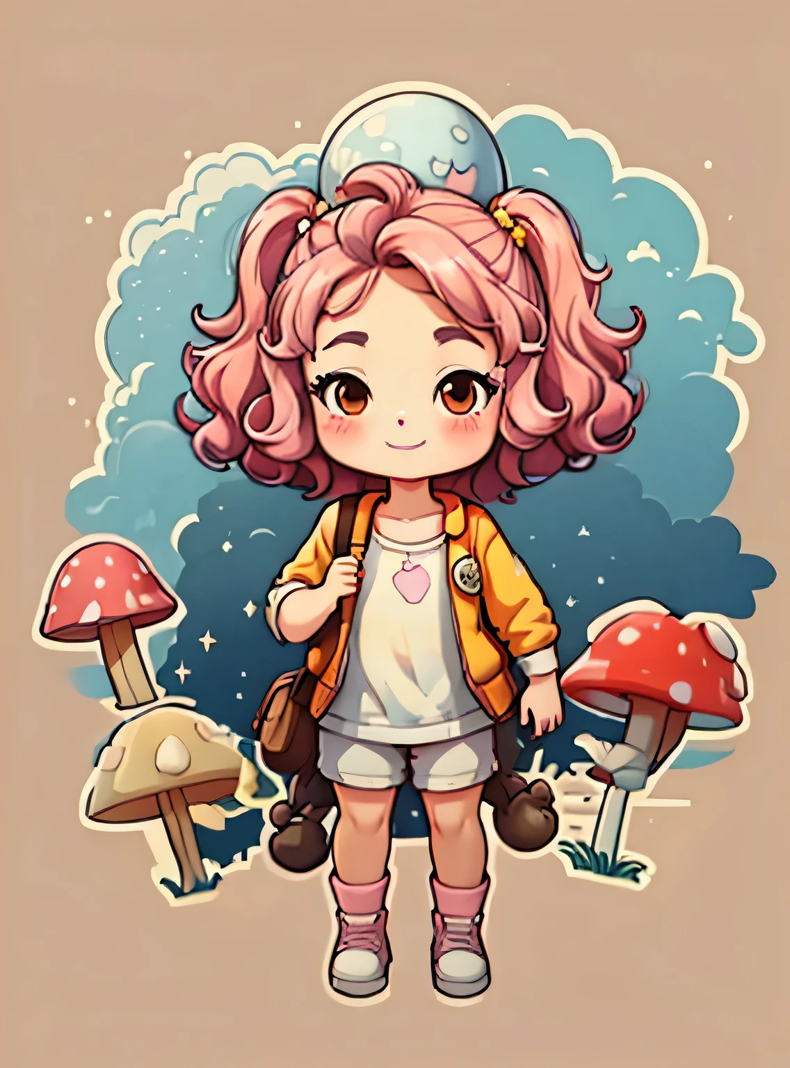 uma de cinco anos、Um sorriso、short and non-binary person, cabelo rosa ondulado e olhos castanhos、fundo com cogumelos