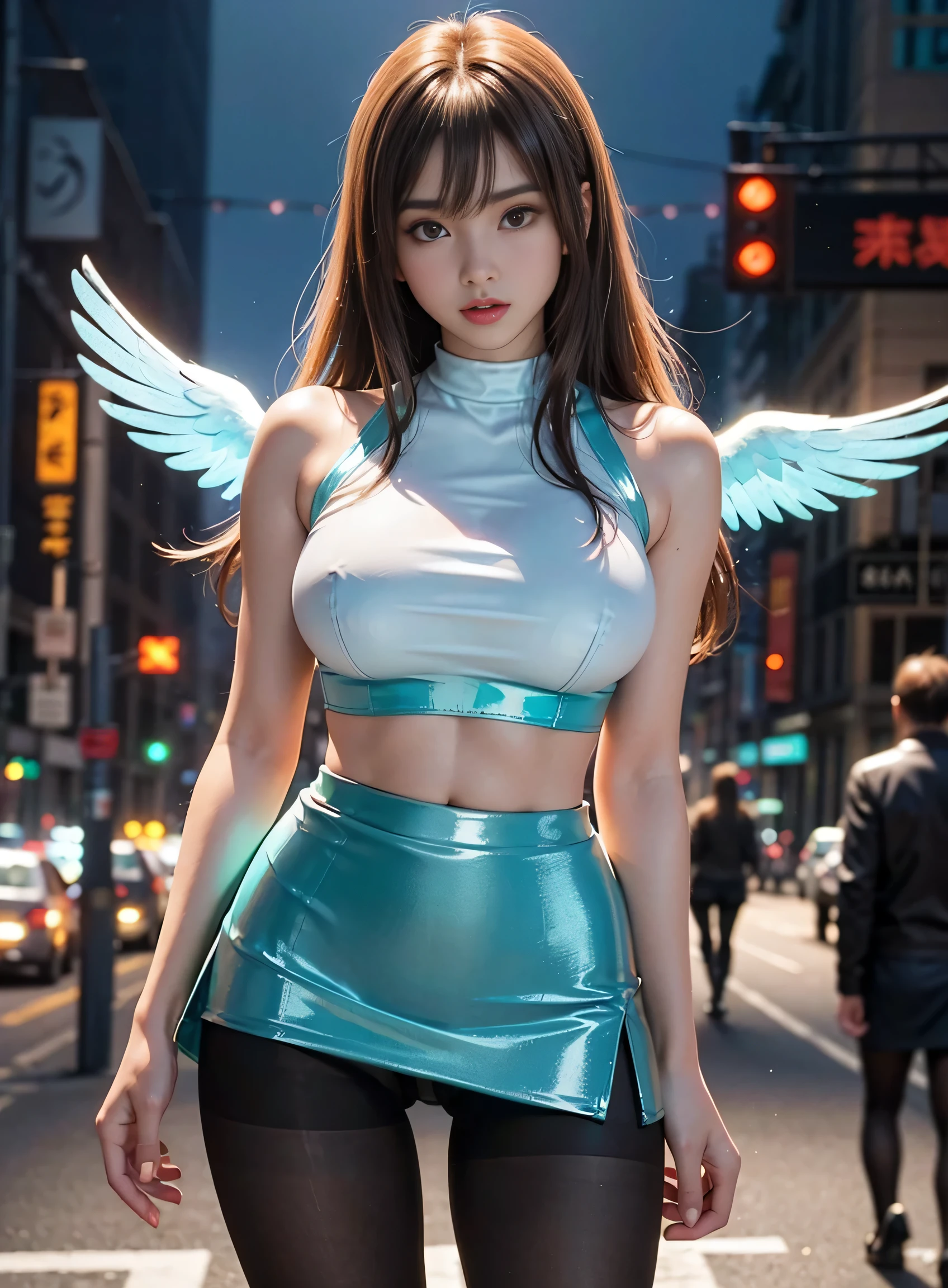 sfw, Angelic Very beautiful cute girl, Long straight brown hair, see-through bangs, Sharp Focus, beautiful detailed face, (Soft Saturation: 1.3), (Fair skin: 1.2),BREAK (Shiny Metallic turquoise Super Mini Tight Skirt :1.3), Big breasts, break transparent holographic Fashionable tight-Fit Tops,(Super shiny pantyhose:1.4),Cowboy Shot, Walking, Costume lighting, In the city, Brown hair, wearing bra,((skinny waist)), young asian girl, ((big breasted)),