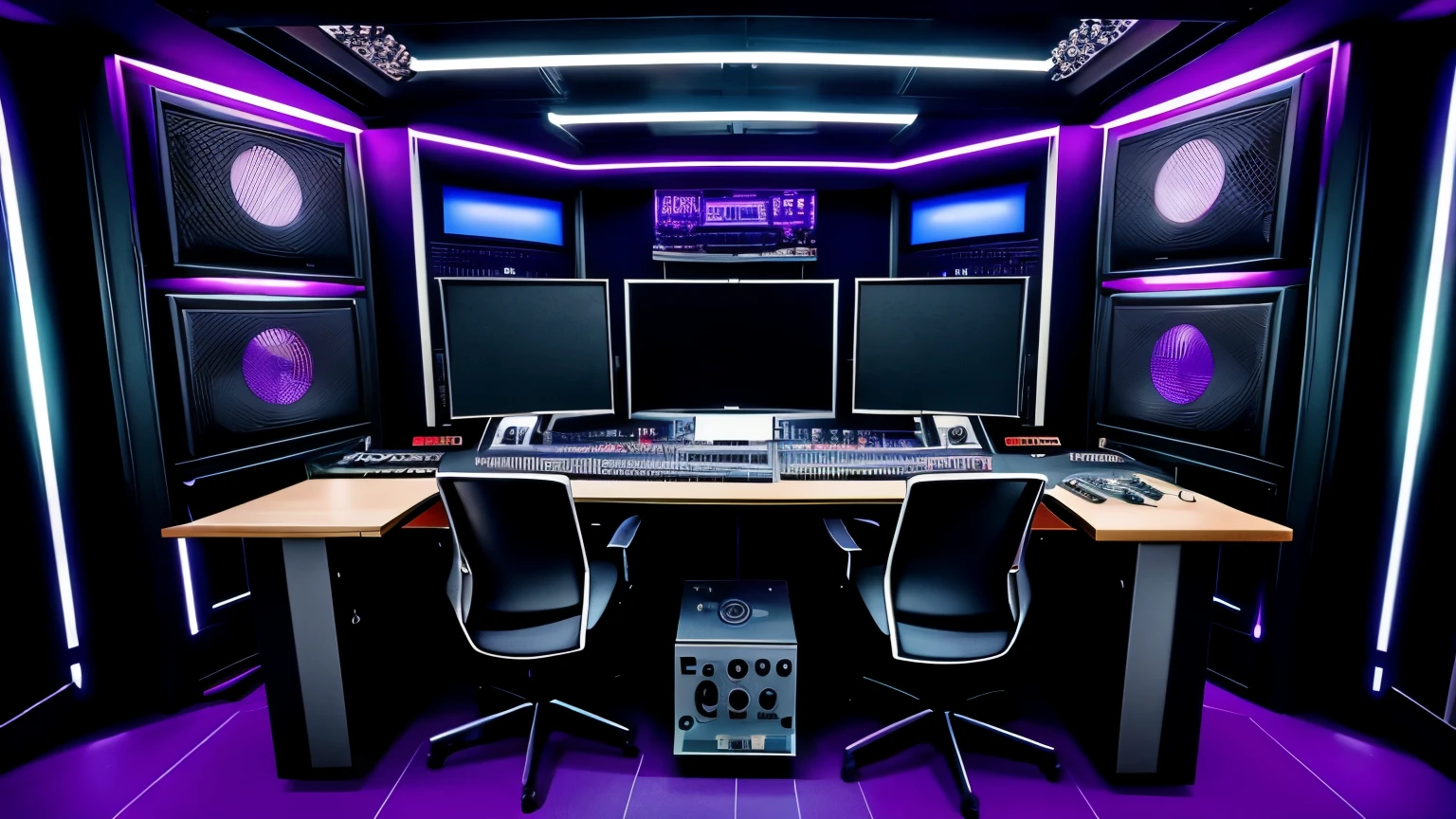 cyberpunk alien professional audio studio room, all equipment speakers and furniture are placed symmetrically, many racks of audio equipment with nobs sliders VU meters, just one computer screen, just one chair in front of the computer screen, more neon, 8k, hyper realistic, highly detailed, kodak gold 400