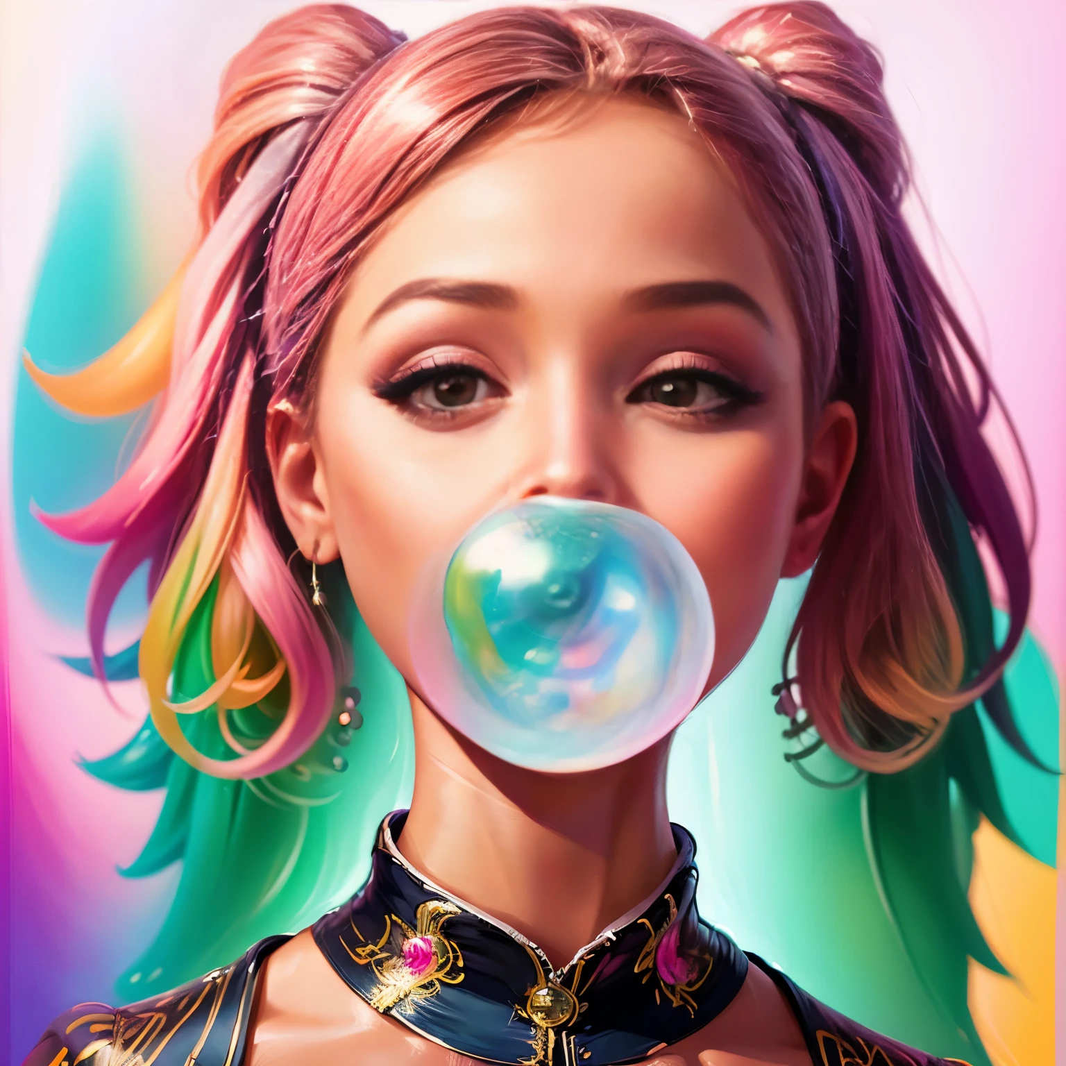 Portrait of a woman in clothes on a light background. digitalpainting, higly detailed, Bright, but harmonious colors. Different postures and joy on the face. digital art cartoon, full color illustration. Bubbke gum, blowing bubble