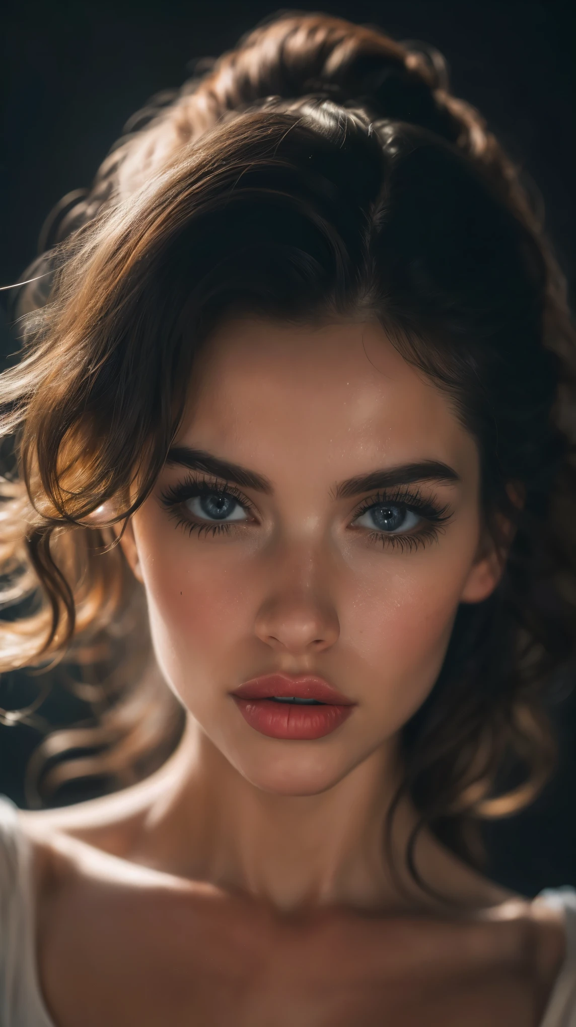 (((ultra realistic))) Photo, masterpiece, top quality, (pale skin), (Ultra detailed face and eyes:1.3), 1 girl, Adult, in a T-shirt, (Eye makeup, mascara) , ((large detailed lips)), ((Dark wavy hair)), ((Chyolka)) , ((Natural breasts)). ((Posing)), photoshoot, studio ((contour light)), (The play of light and shadows), depth of field, bokeh, (special attention to skin detail: 1.2), (Dark atmosphere of the frame, Dark color scheme), ((portrait, close to the camera top view)) , ultra detialed,
