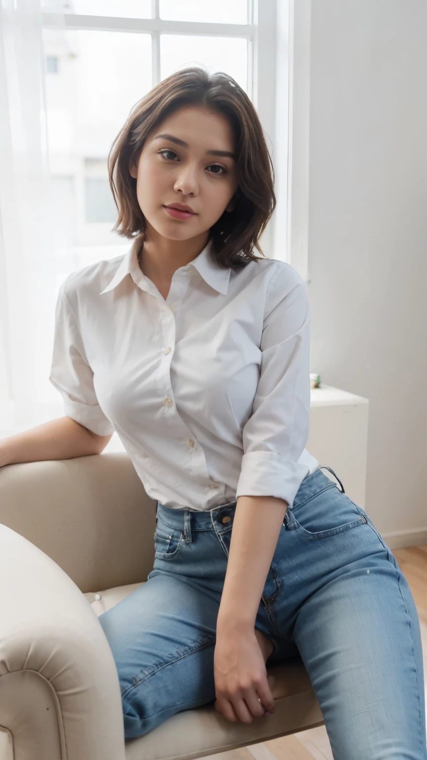 (extremely detailed, best quality) Zahra Ayu 23 years old 160cm 55kg wearing white button shirt, short blue jeans, short wavy hair. Bright face. Sitting in a chair inside room. Big breast jumbo. bright photo.