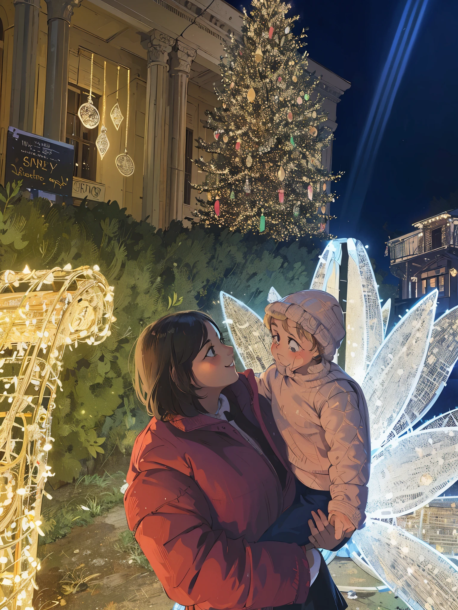 Young girl holding a cute baby girl, both of them smiling, christmas lights in the background