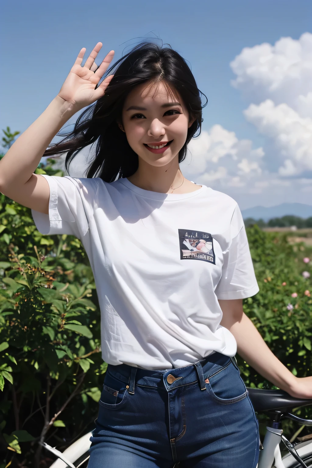 (masterpiece、High resolution,high quality),(perfect japanese woman、genuine、20th generation、)、(full of energy、smile)、(perfect anatomy、beautiful limbs、beautiful skin)、(white short sleeve shirt、jeans)、bicycle、Gravure photography、blue sky、White cloud、fresh、Cool breeze、Swaying black hair、summer、