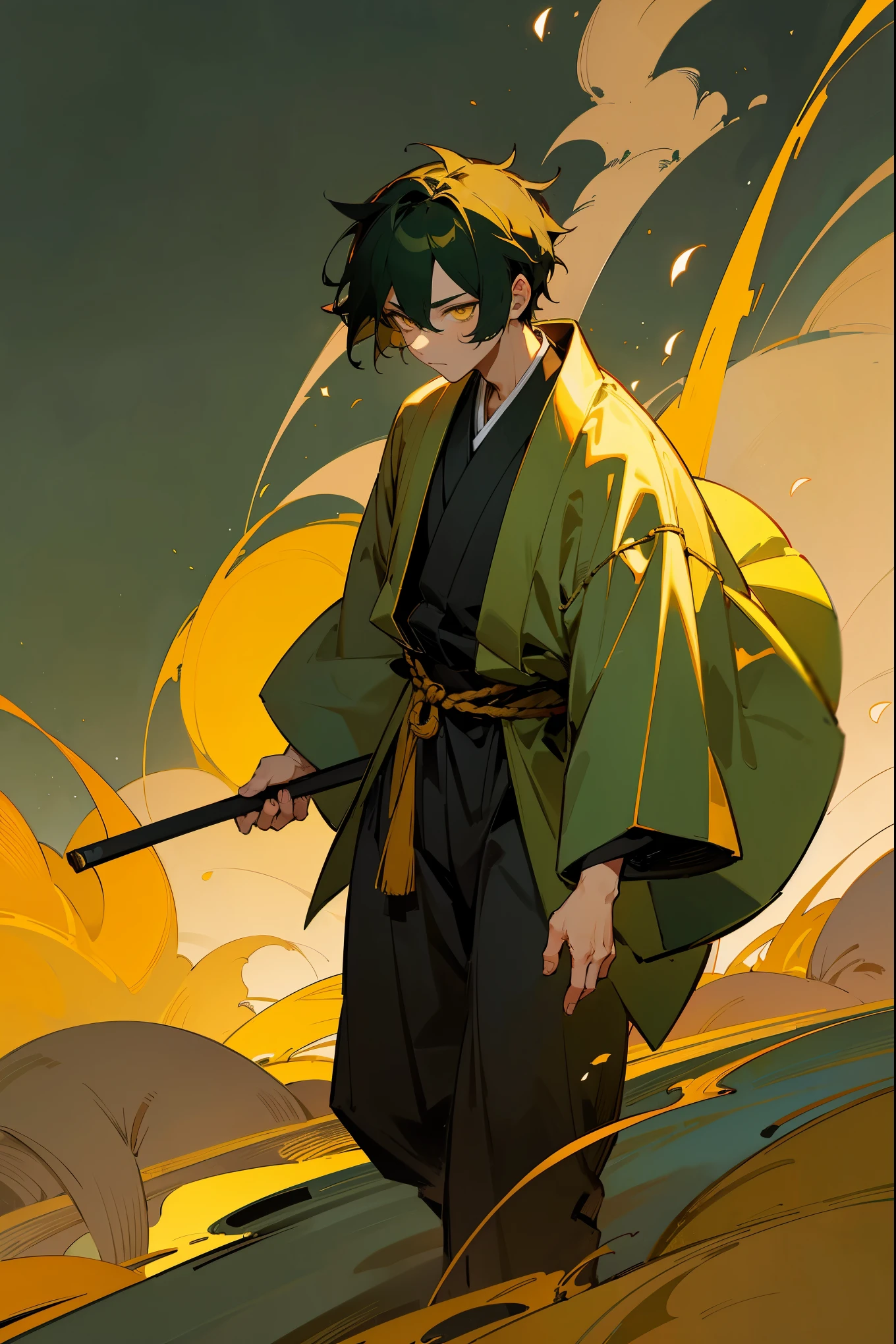 1male, dark green hair, short hair, golden yellow eyes, samurai, yukata, (olden village background), walking on path, uninterested expression