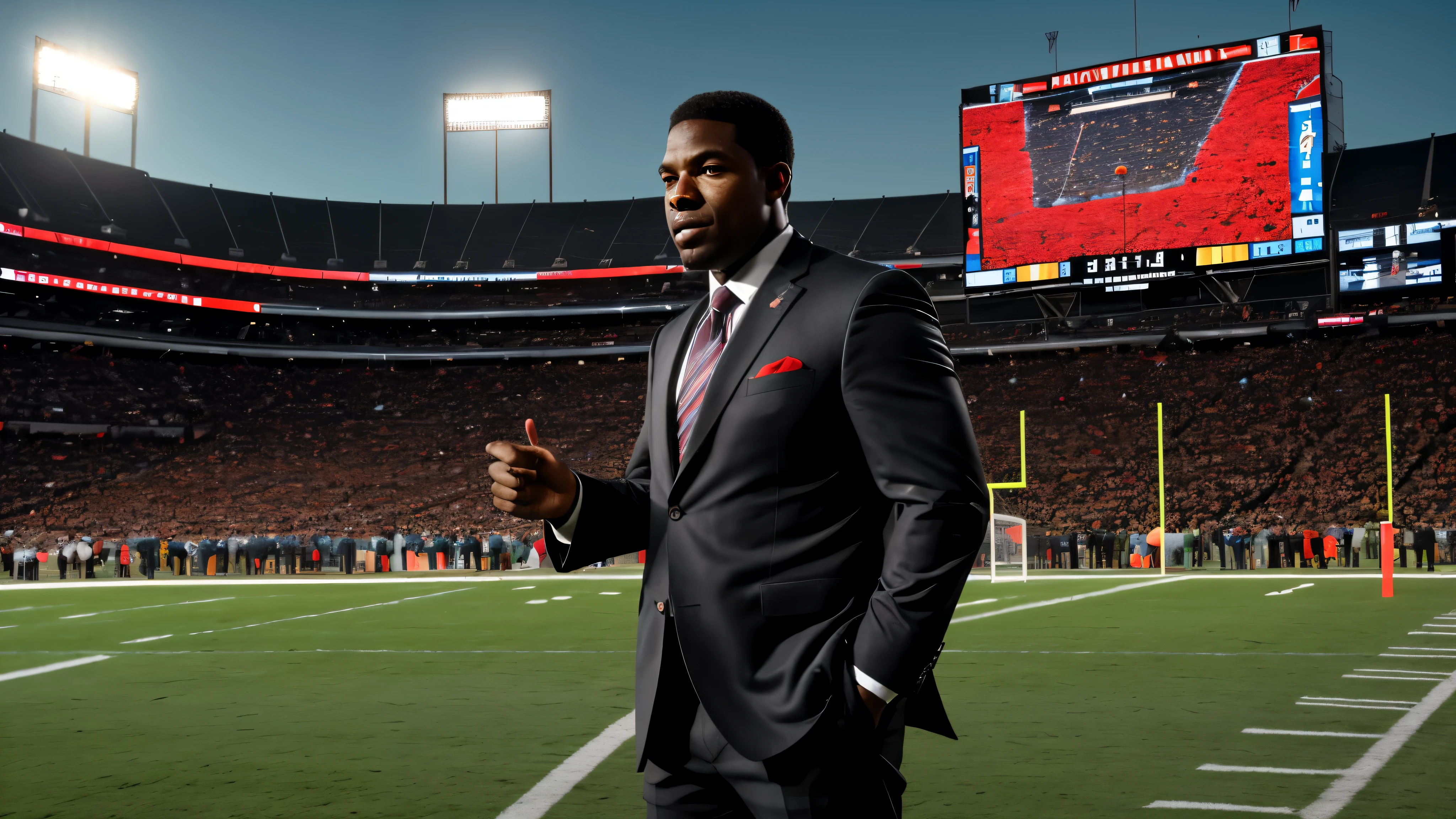 A photorealistic image of 1 Black male, low caesar haircut, grey hair, NFL commentator dressed in a suit, facing the camera, reporting on a football game. He stands in beside the football field at the 50 yard line displaying the action in the background. The commentator's expression is one of excitement and focus, conveying their passion for the game and their expertise as an analyst. Epic resolution, Epic Quality, Epic sharpness, Fantastic color and contrast, Precise saturation, IMAX HDR, cinematic lighting