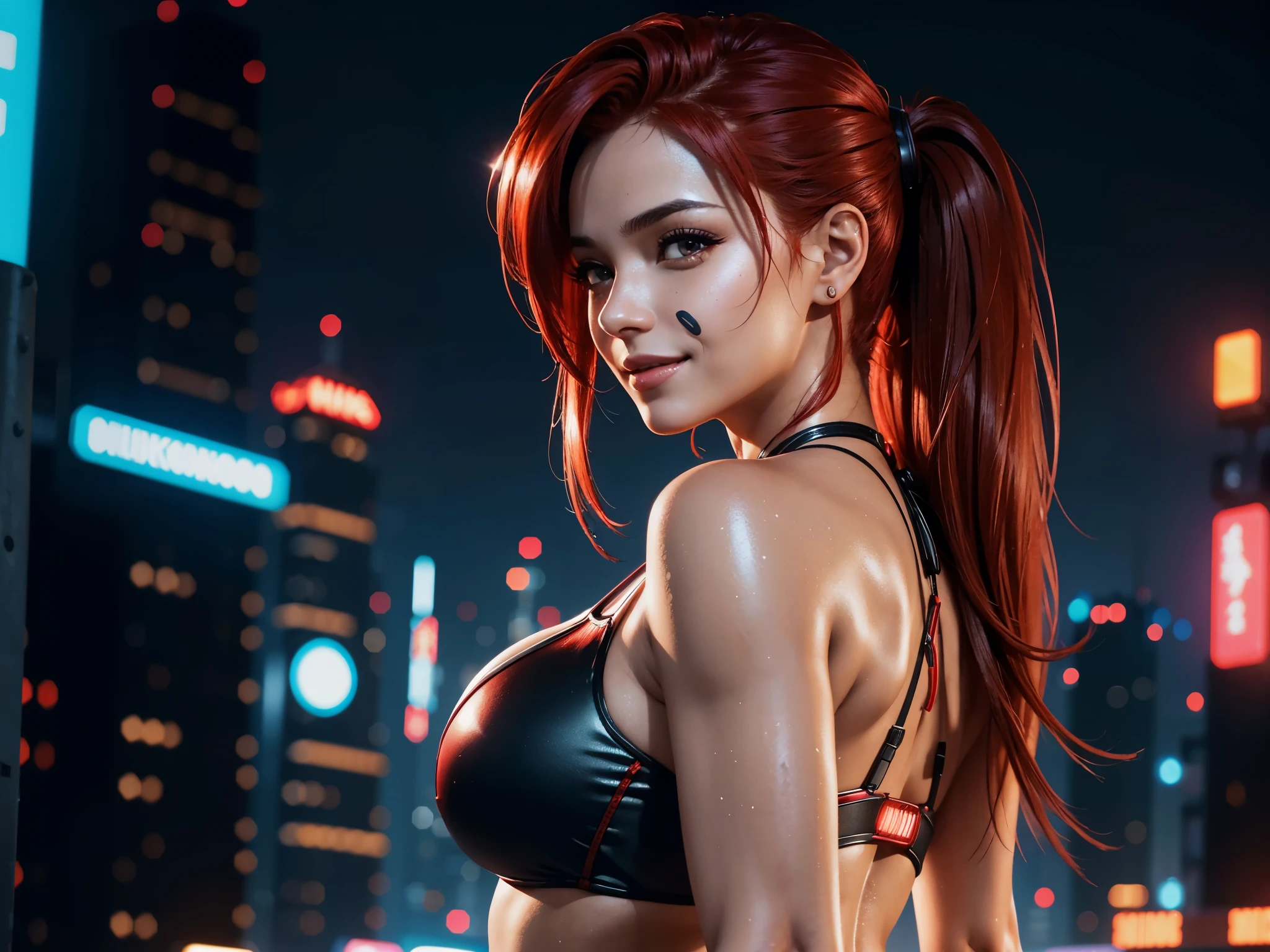 just 1 woman, hot sexy, from the back looking sensually behind, smiling, incredibly beautiful, vibrant brown eyes, (side view), red hair, she is in a normal bikini, highly detailed, cyberpunk night city background, wonderful , milky white, highly detailed skin, realistic skin details, 8K Ultra HD, high quality