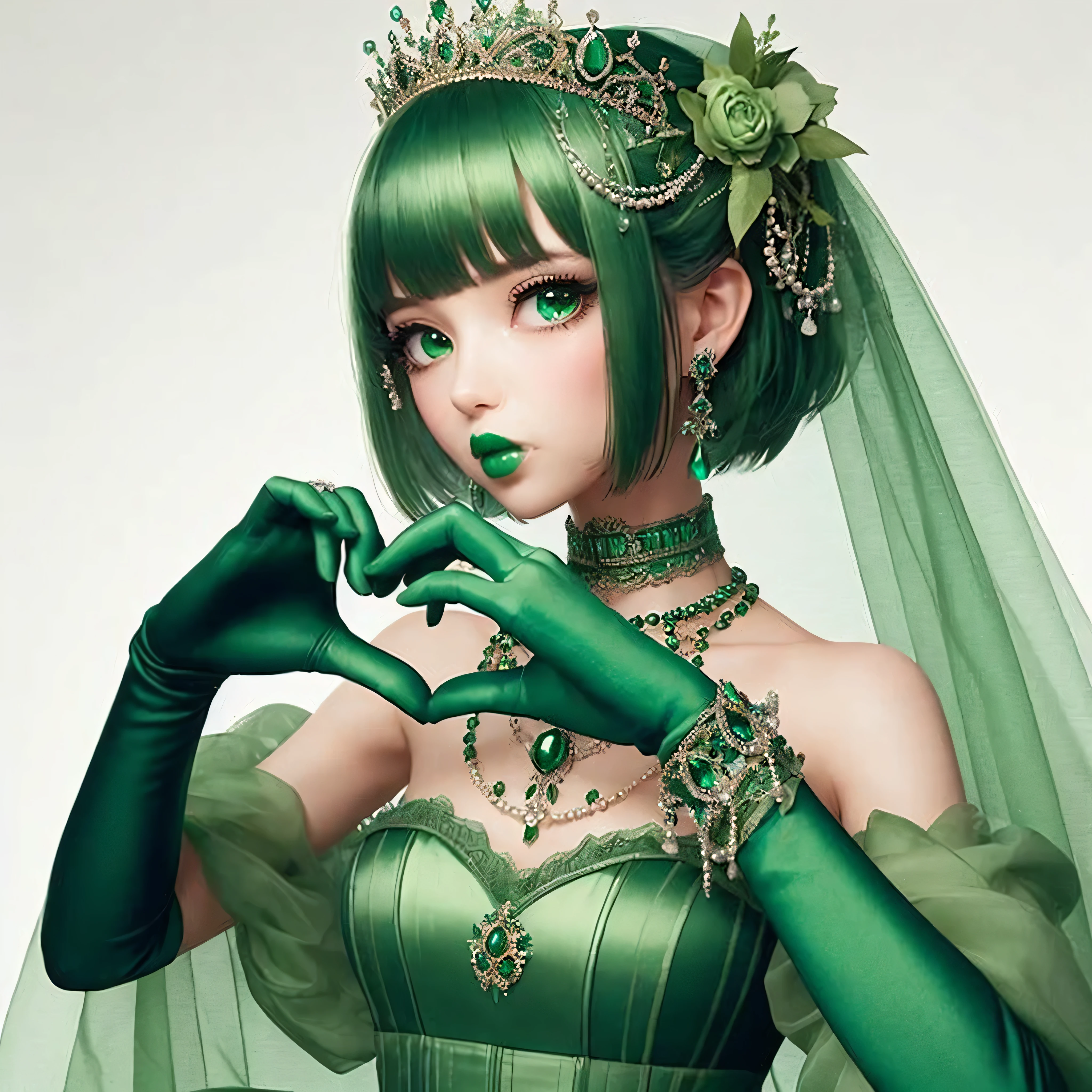 highest quality、masterpiece、(realistic:1.2), emerald tiara, green pearl necklace, ボーイッシュな非常に短いgreen hair, lipstick, smiling woman, very short hair, Beauty with large breasts, green eyes, Long Green Satin Gloves, emerald earrings, green veil, heart with both hands, green hair, beautiful woman with green eyes, heart hand:1.3