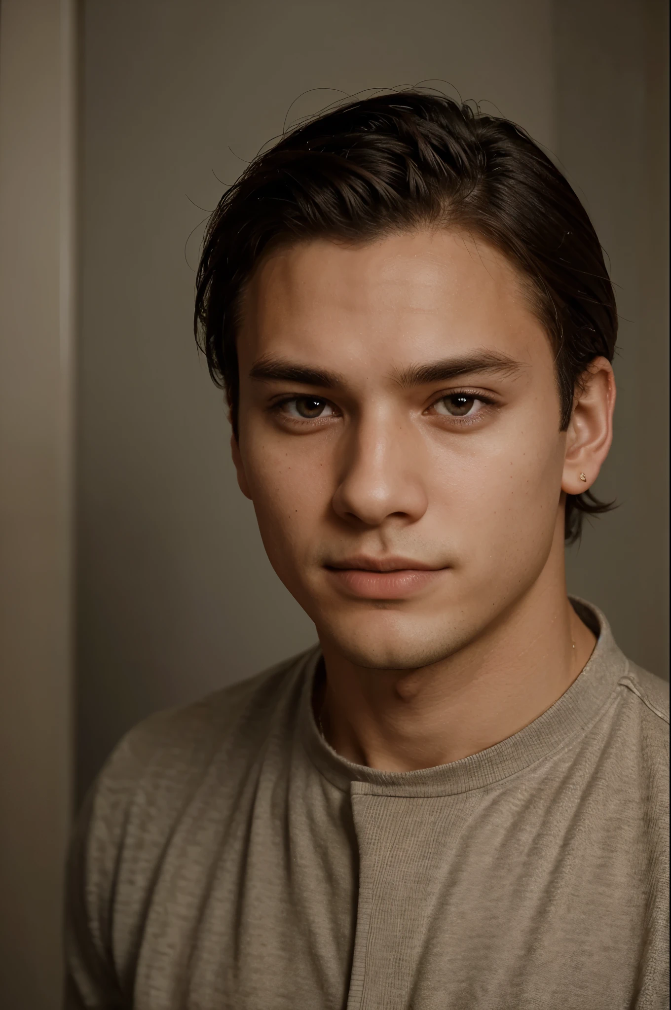 Portrait photo, male, 24 years old, in a english fitted suit, perfect face, eye bags, has a small nick on his right ear, at a dinner party