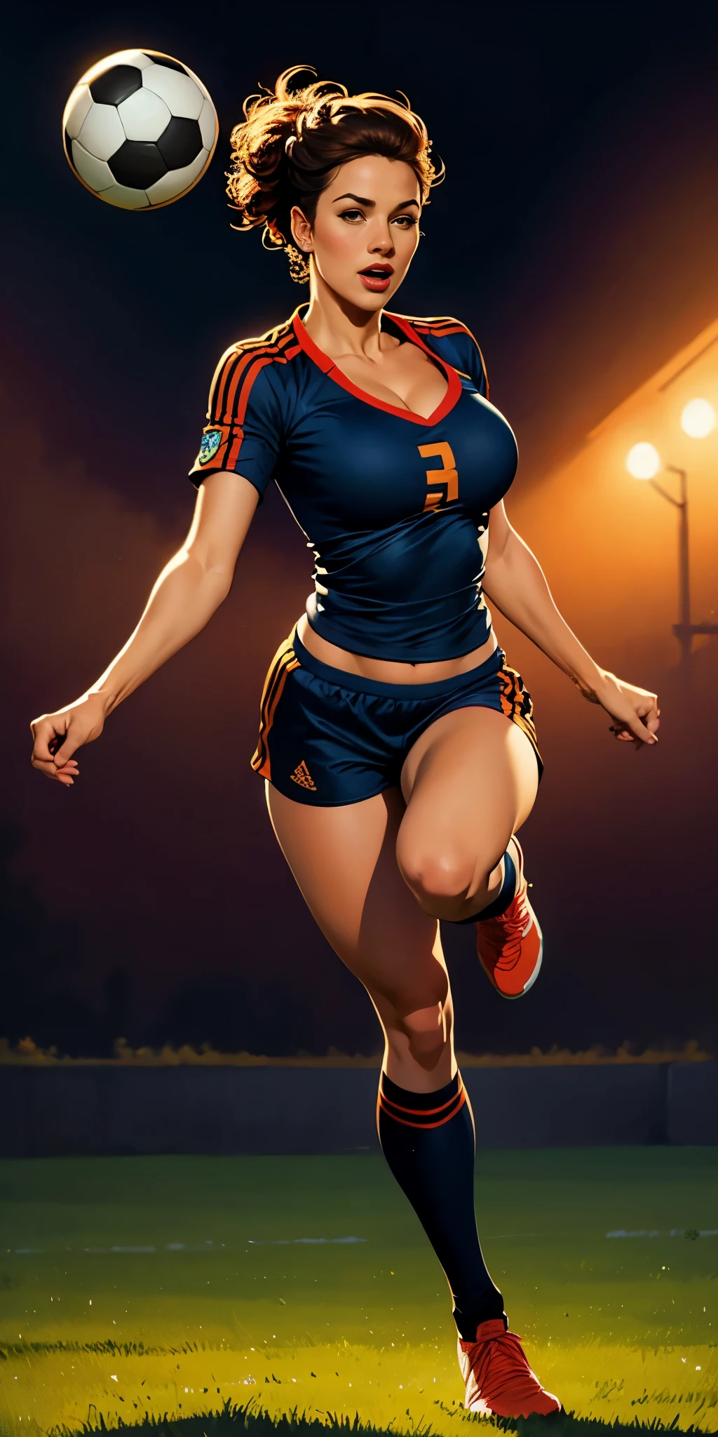 painting of a sexy woman , Happy, large breasts,  full body portrait, tight soccer shirt, cleavage, small shorts, playing soccer, kicking the ball high up in that air, on a field, bright background, heavy brushstrokes, action shot, Rembrandt-style lighting, high contrast, vintage, 