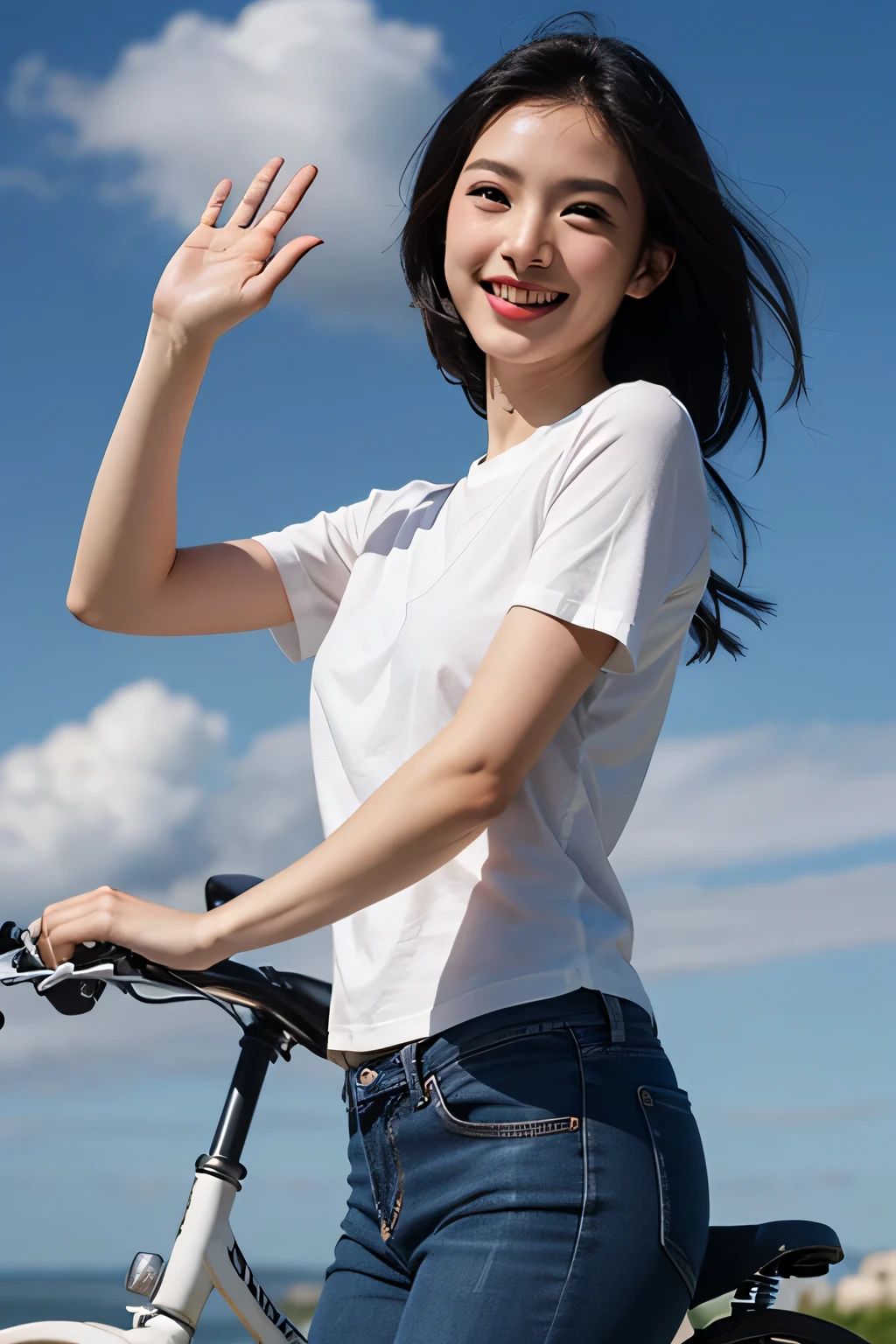 (masterpiece、High resolution,high quality),(perfect japanese woman、genuine、20th generation、Aura Glow)、(full of energy、smile)、(perfect anatomy、beautiful limbs、beautiful skin)、(white short sleeve shirt、jeans)、bicycle、cycling、Gravure photography、blue sky、White cloud、fresh、Cool breeze、Swaying black hair、summer、professional photography、