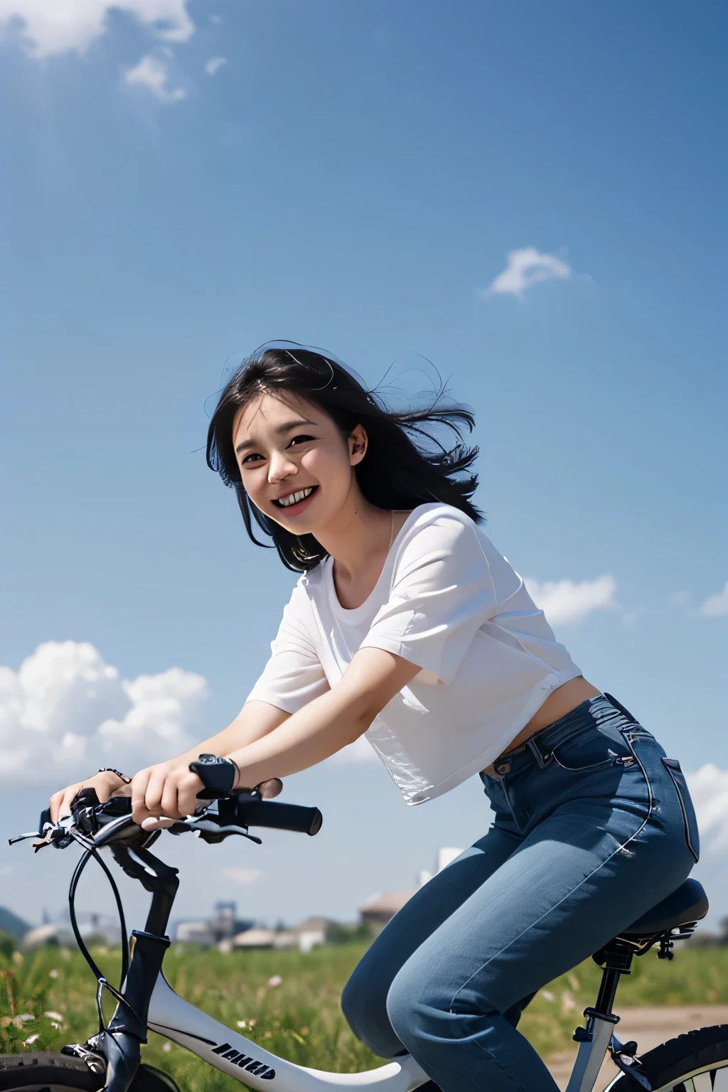 (masterpiece、High resolution,high quality),(perfect japanese woman、genuine、20th generation、Aura Glow)、(full of energy、smile)、(perfect anatomy、beautiful limbs、beautiful skin)、(white short sleeve shirt、jeans)、bicycle、cycling、Gravure photography、blue sky、White cloud、fresh、Cool breeze、Swaying black hair、summer、professional photography、