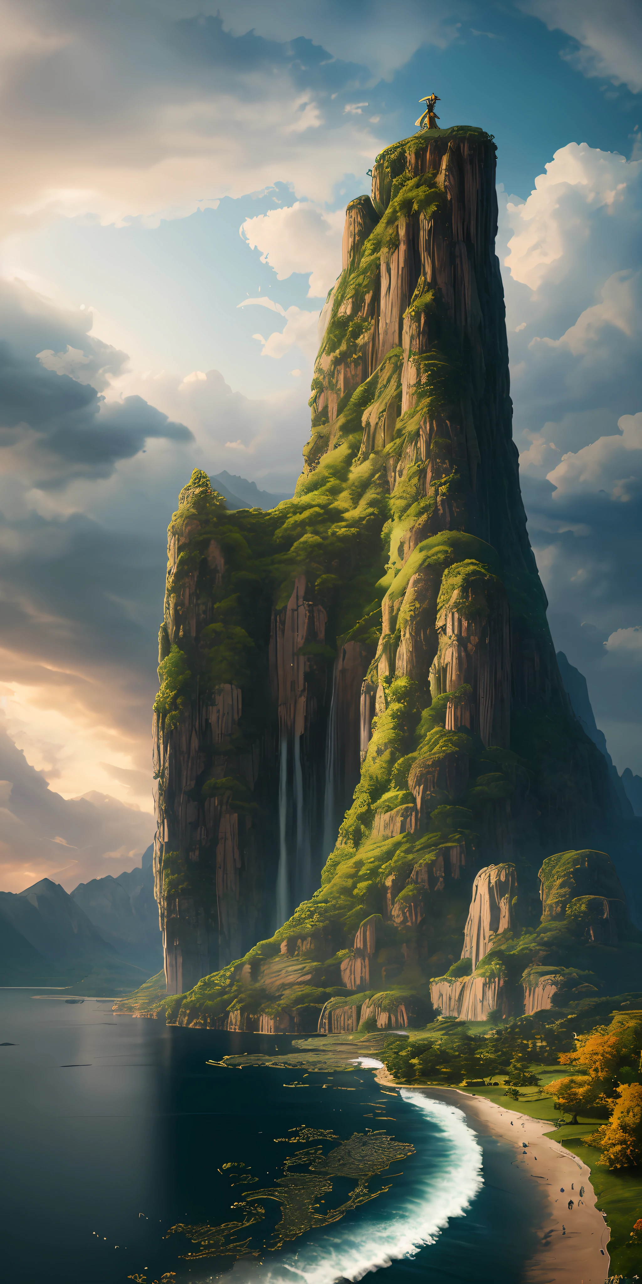 obra de arte, melhor qualidade, alta qualidade, papel de parede CG Unit 8K extremamente detalhado, paisagem, ar livre, sky, nuvens, sky, sem humanos, montanha, paisagem, water, tree, blue sky, waterfall, penhasco, natureza, lago, rio , nublado skys, fotografia premiada, Bokeh, profundidade de campo, HDR, florescer, chromatic aberration, fotorrealismo, muito detalhado, trends on artstation, trends at CGSociety, Intricado, alto detalhe, dramatic, Arte no meio do caminho