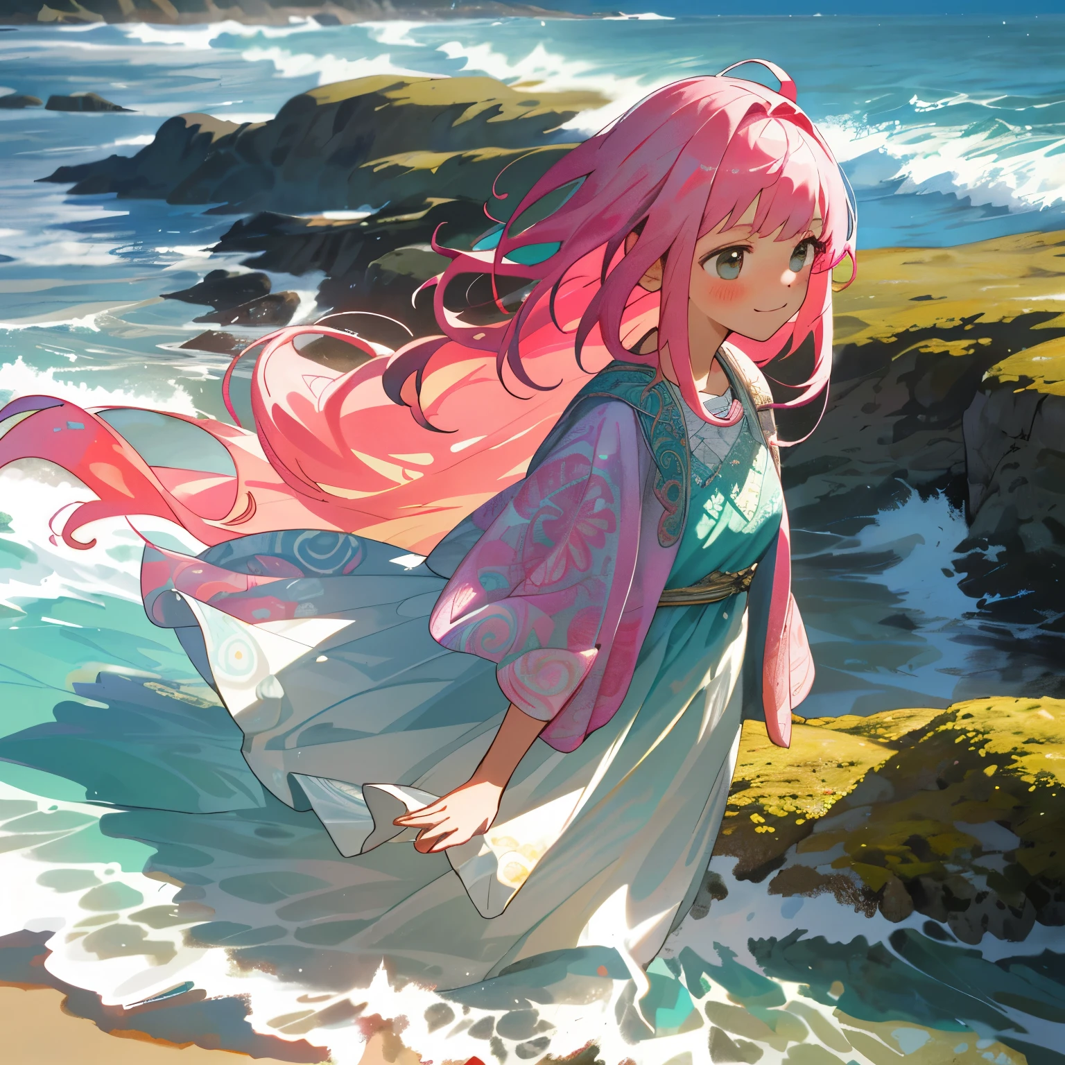 In this ultra-detailed and hyper-realistic wimmelbilder illustration, a young girl with best quality, realistic pink hair takes center stage. She is dressed in a cute, flowing dress, adorned with intricate patterns and colors. The girl shyly looks away from the viewer, her face a blend of embarrassment and blushing as she takes a few steps toward an exquisitely rendered glass bowl.
Behind her, the scenery comes alive with insanely detailed landscapes. To her left, the ocean stretches out, with waves gently crashing against the sandy shore. Sunlit villages populate the coastline, their warm buildings boasting vibrant colors and intr