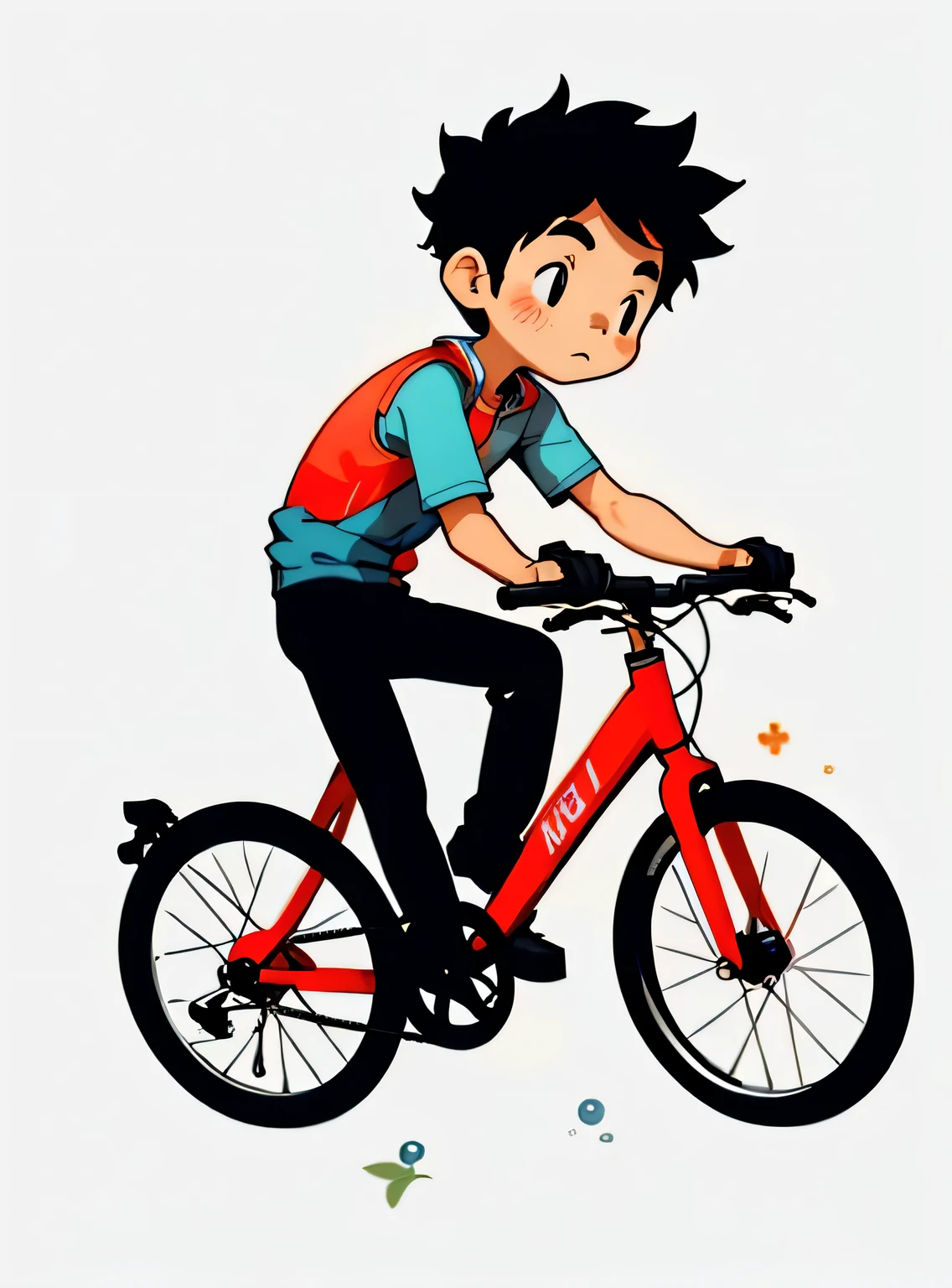 Aguarde, adesivo, 1 menino, bicicleta, fundo simples.