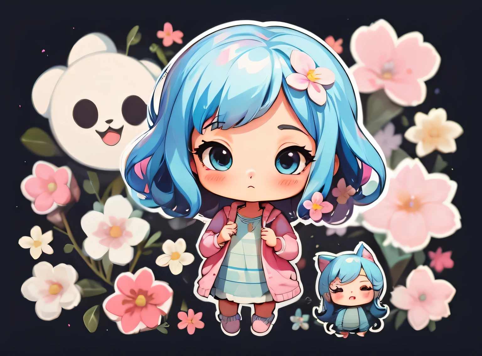 1 garota, fundo simples,3D,mini, corpo todo,cabelo azul,pano rosa,com flores