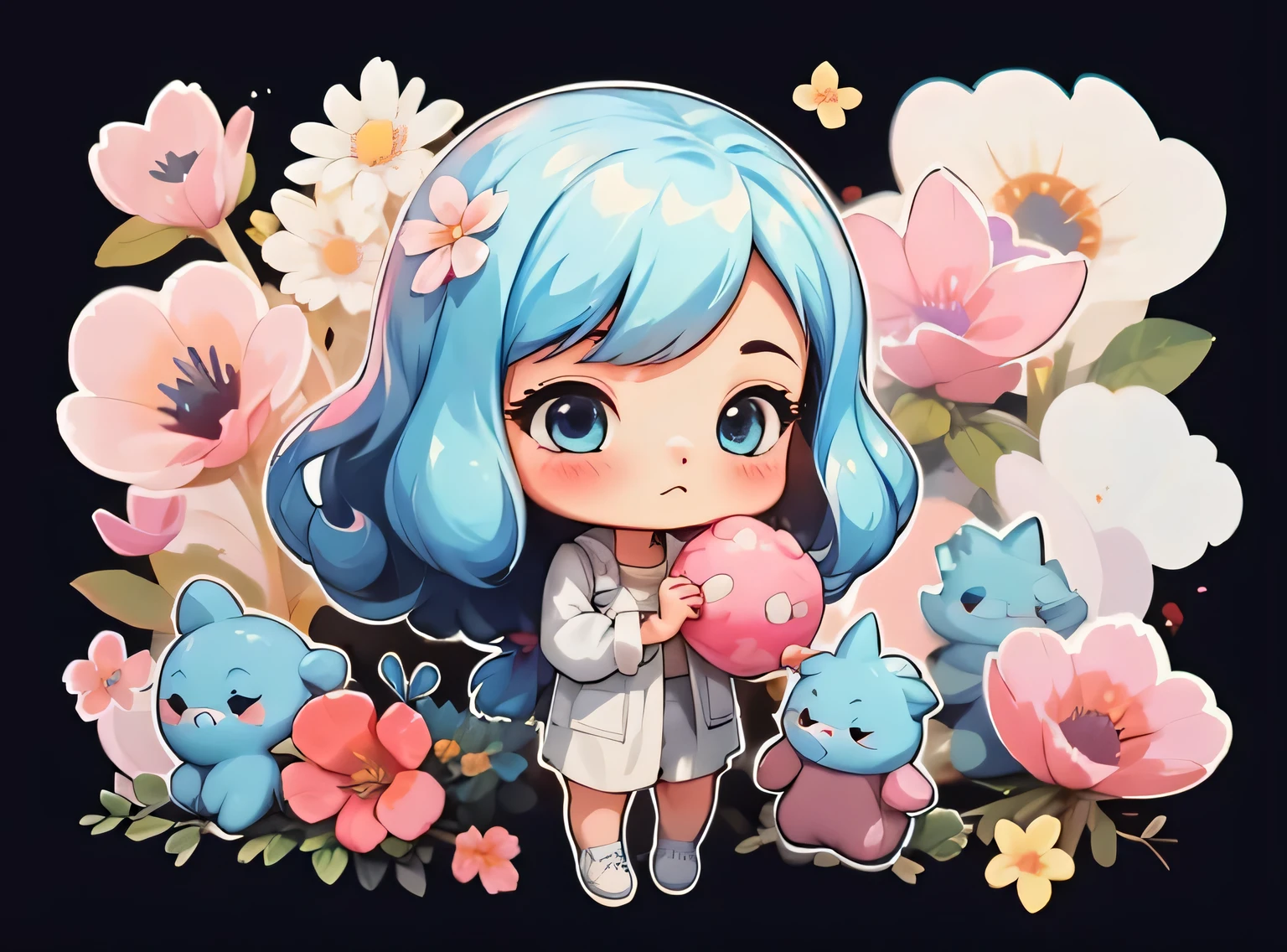 1 garota, fundo simples,3D,mini, corpo todo,cabelo azul,pano rosa,com flores
