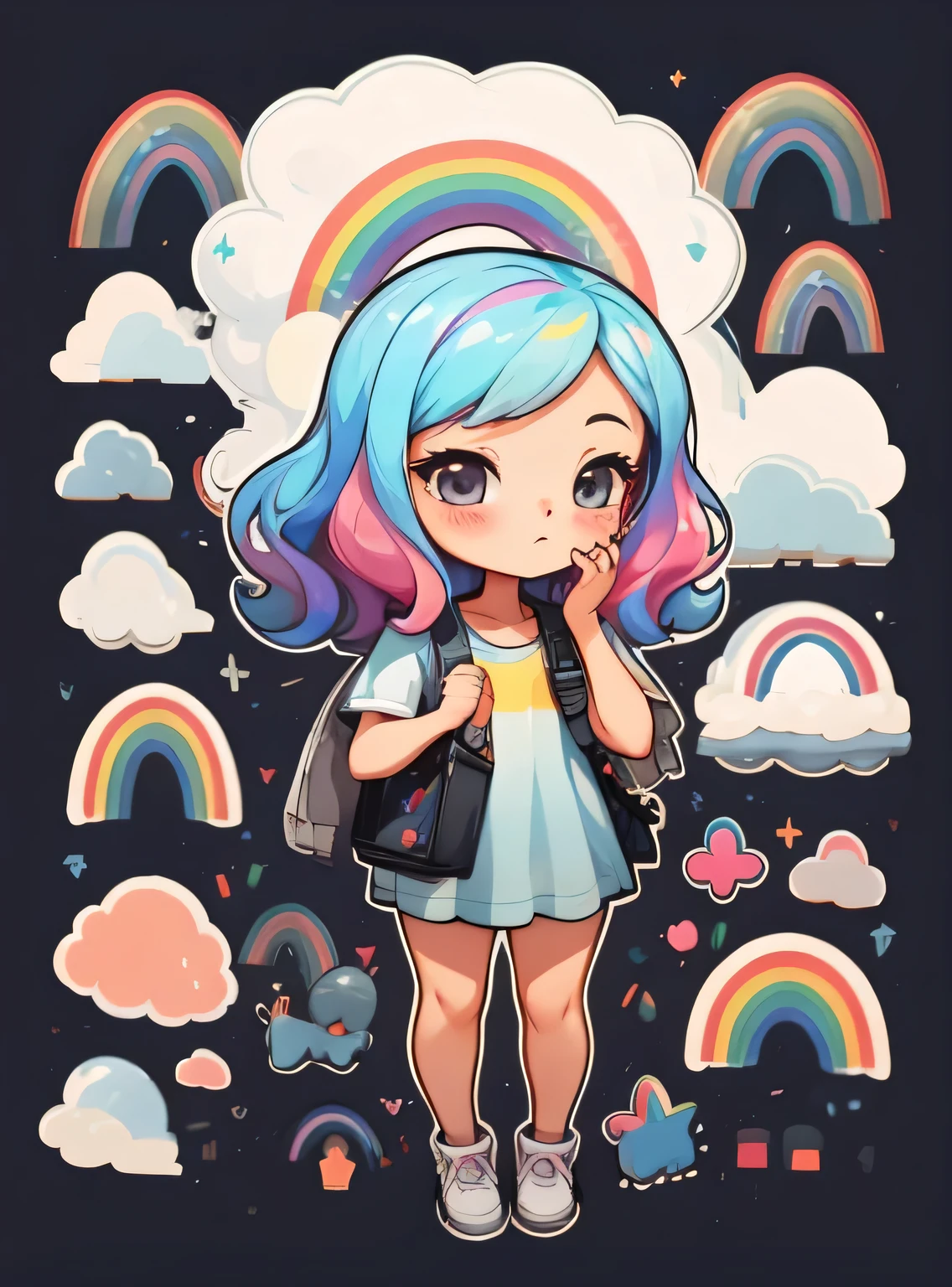 1 garota, fundo simples,3D,mini, corpo todo,cabelo rosa,pano azul,with rainbow