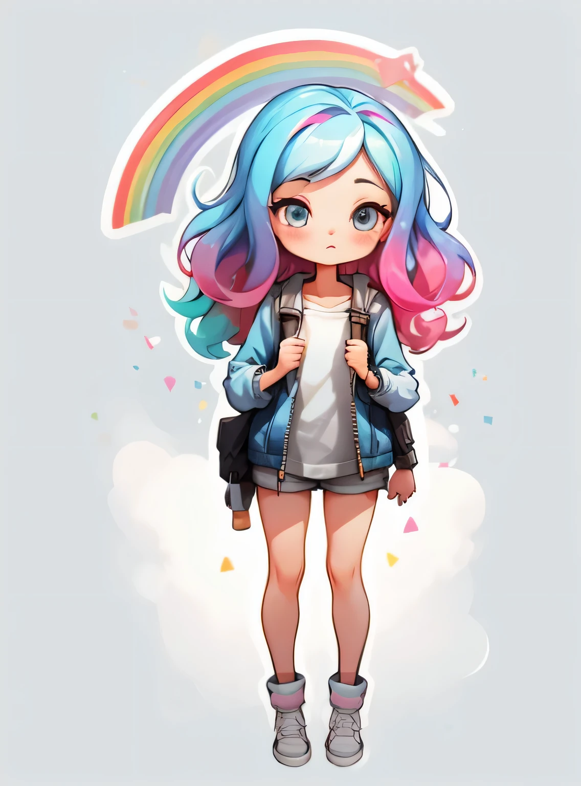 1 garota, fundo simples,3D,mini, corpo todo,cabelo rosa,pano azul,with rainbow